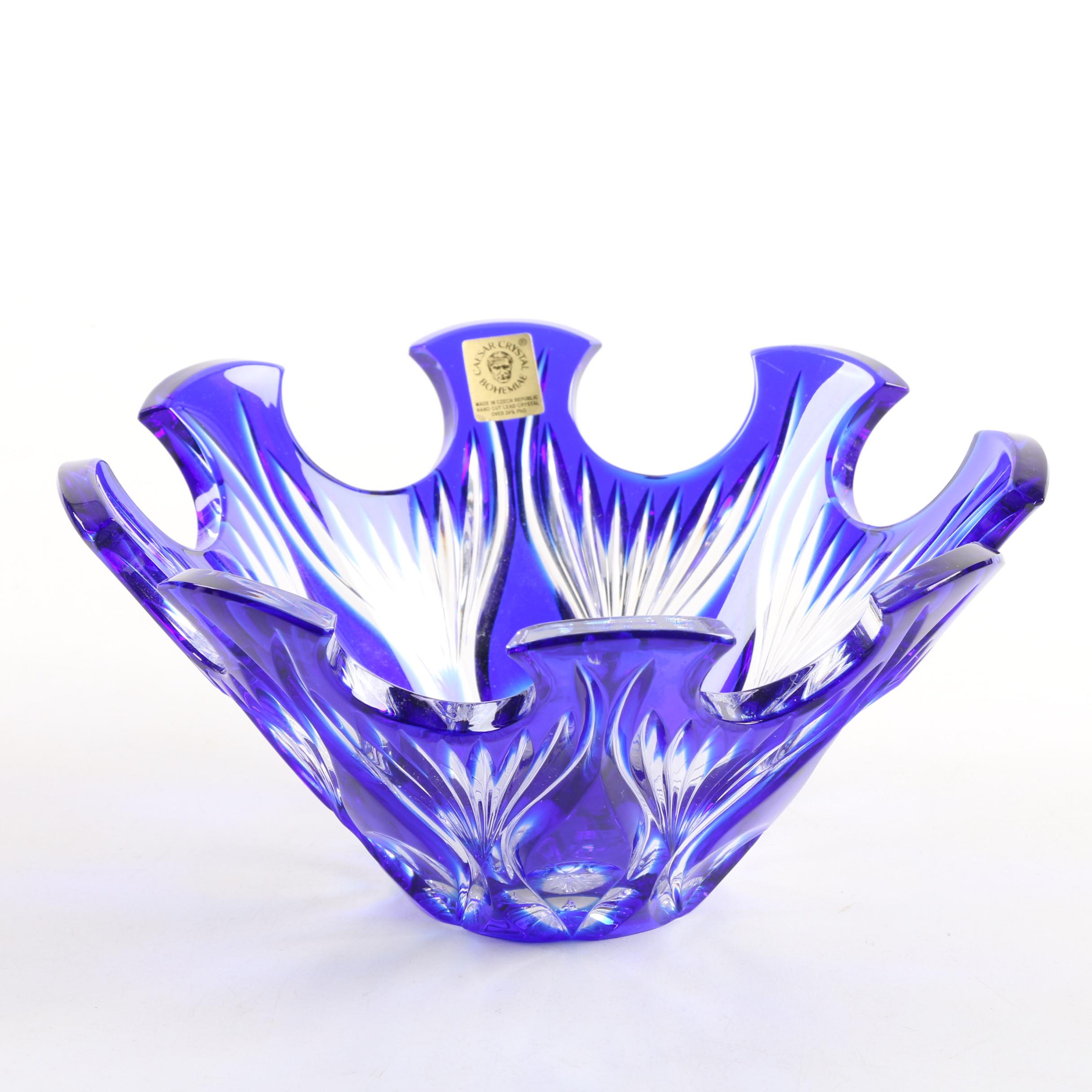 Hand-Cut Caesar Crystal Bohemiae Cobalt Cased Cut to Clear Bowl