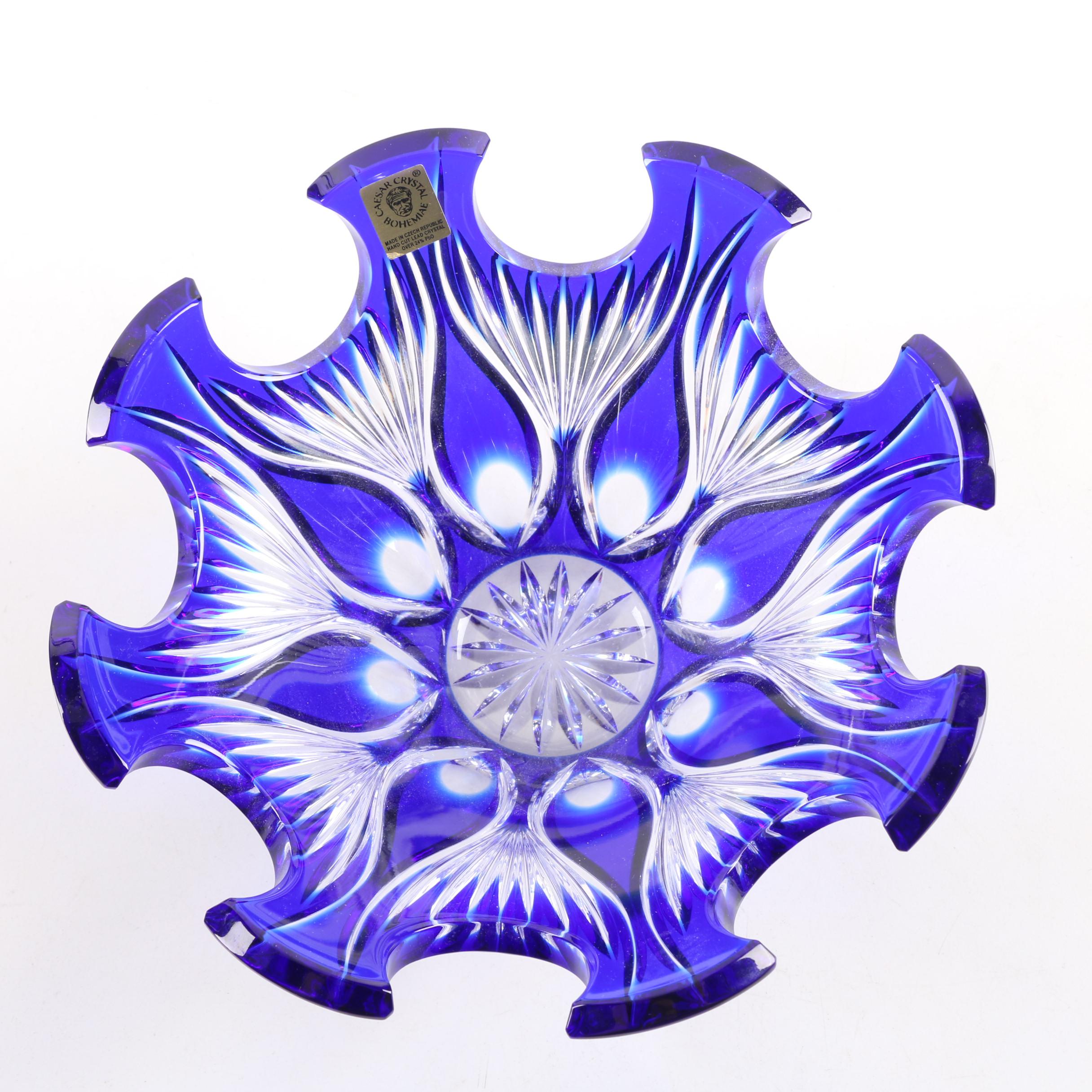 Hand-Cut Caesar Crystal Bohemiae Cobalt Cased Cut to Clear Bowl