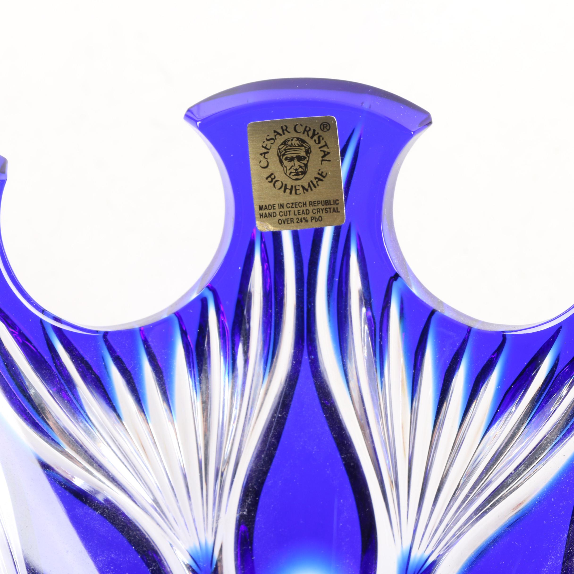 Hand-Cut Caesar Crystal Bohemiae Cobalt Cased Cut to Clear Bowl