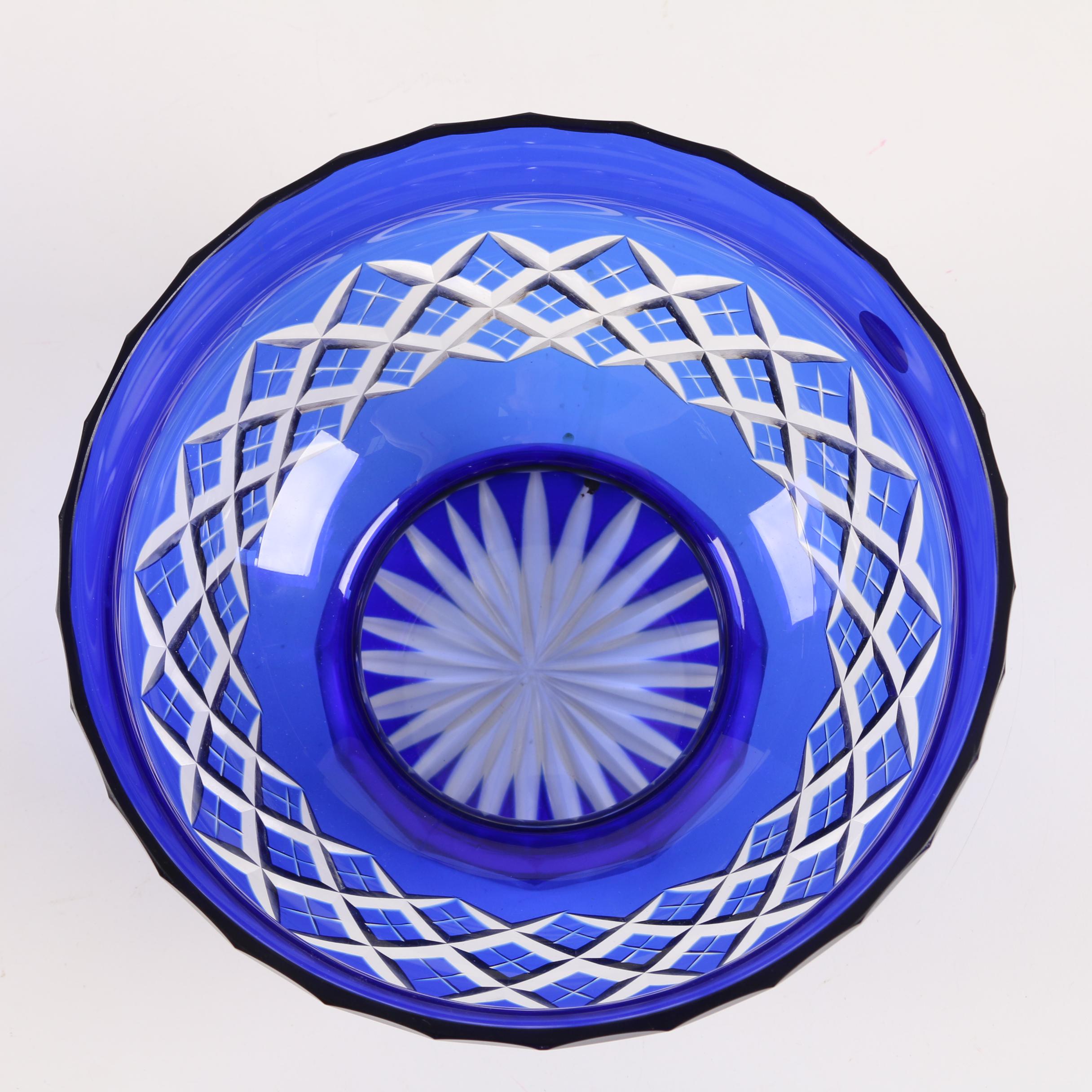 U.S.S.R. Bohemian Style Cased Blue Cut to Clear Crystal Bowl