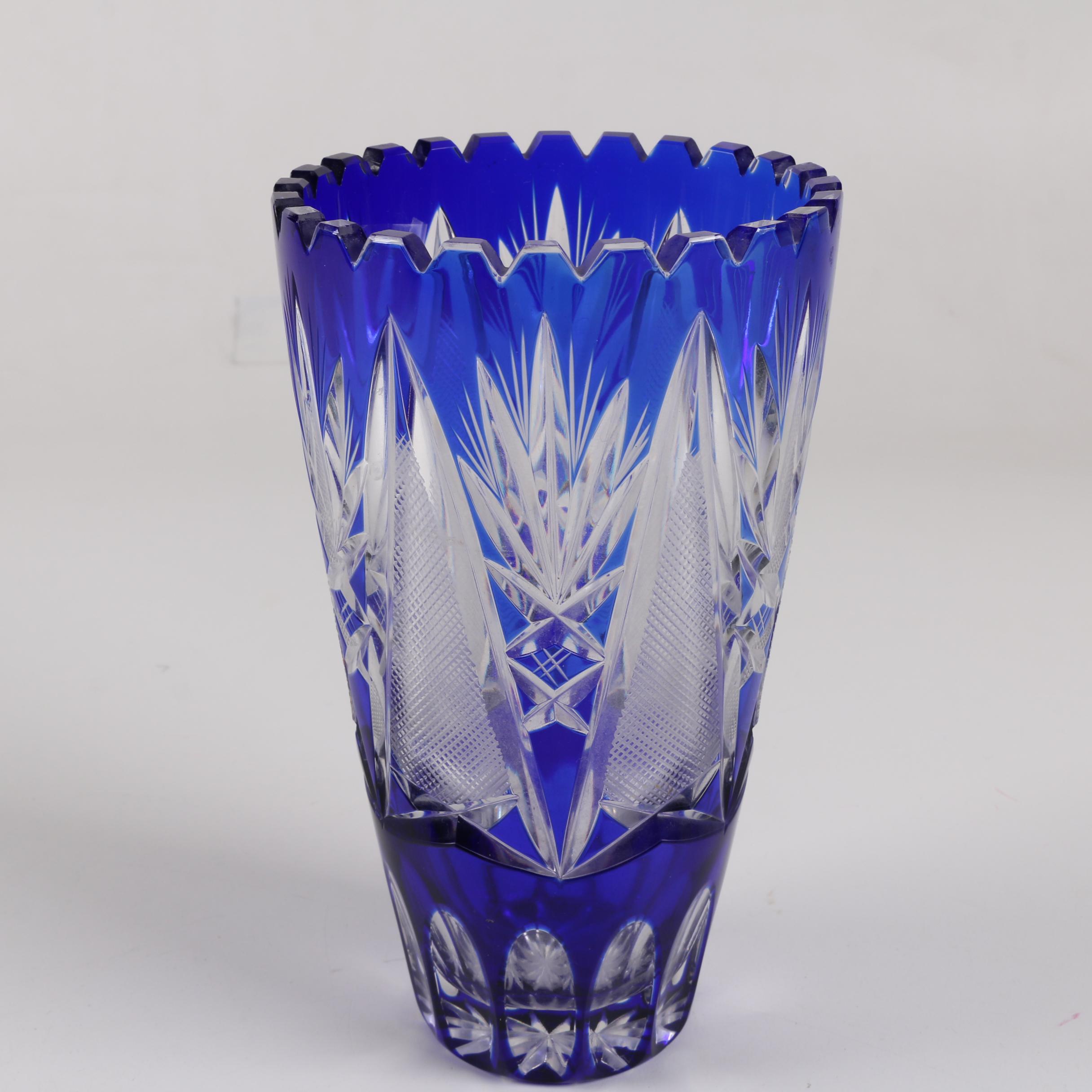 Bohemian Style Cobalt Cased Cut to Clear Crystal Vase