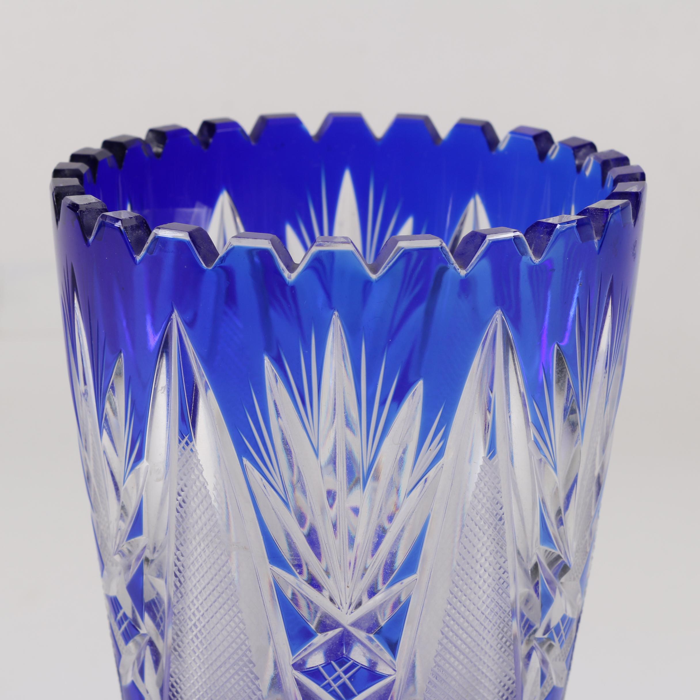 Bohemian Style Cobalt Cased Cut to Clear Crystal Vase