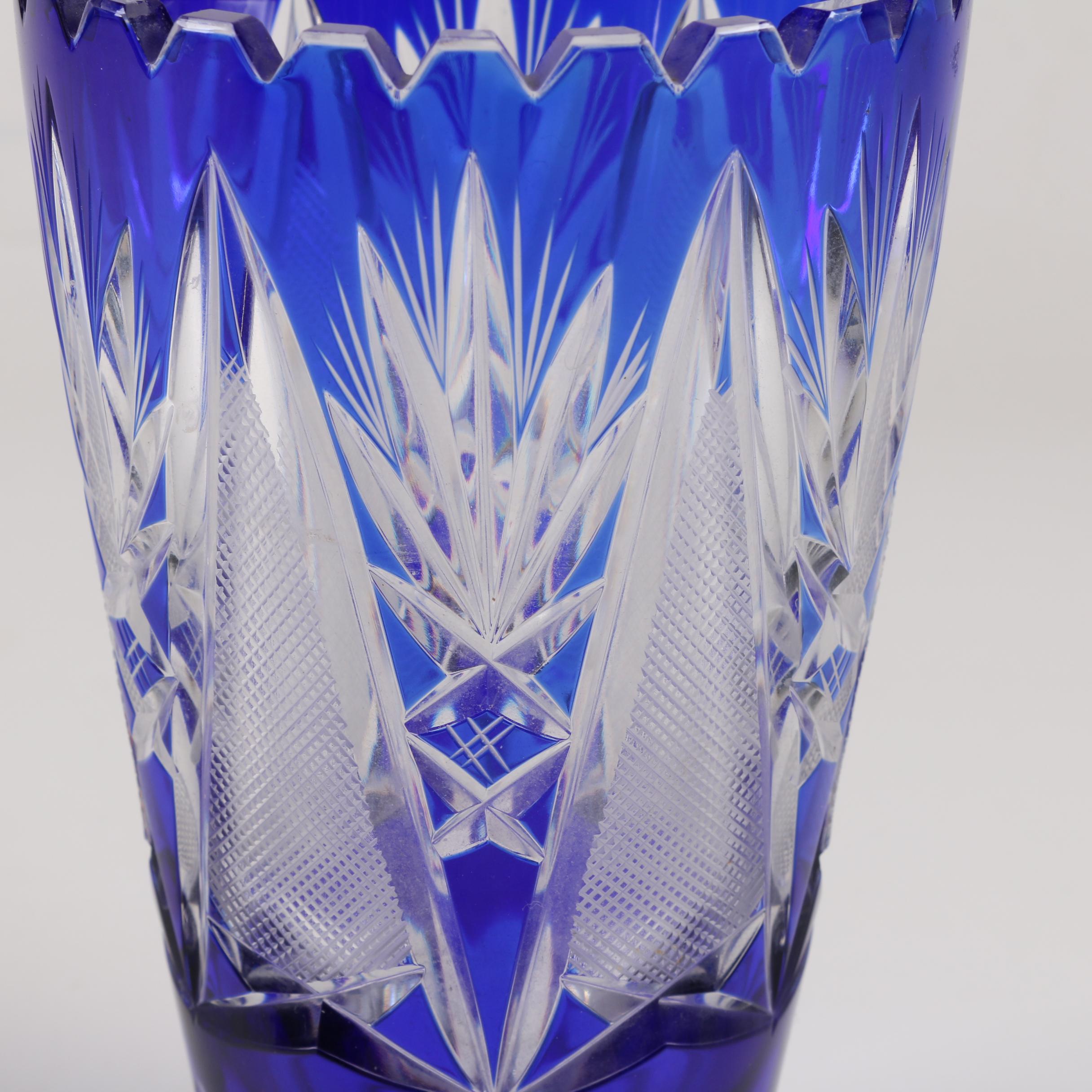 Bohemian Style Cobalt Cased Cut to Clear Crystal Vase