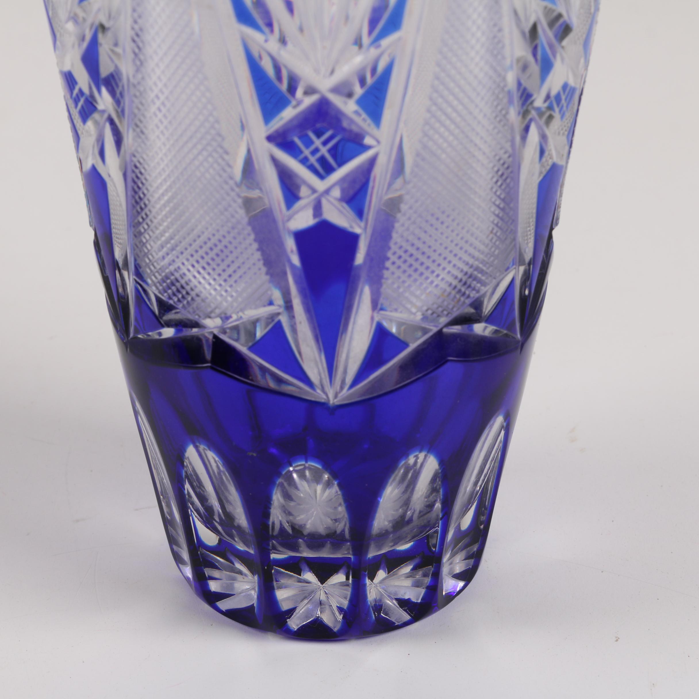 Bohemian Style Cobalt Cased Cut to Clear Crystal Vase