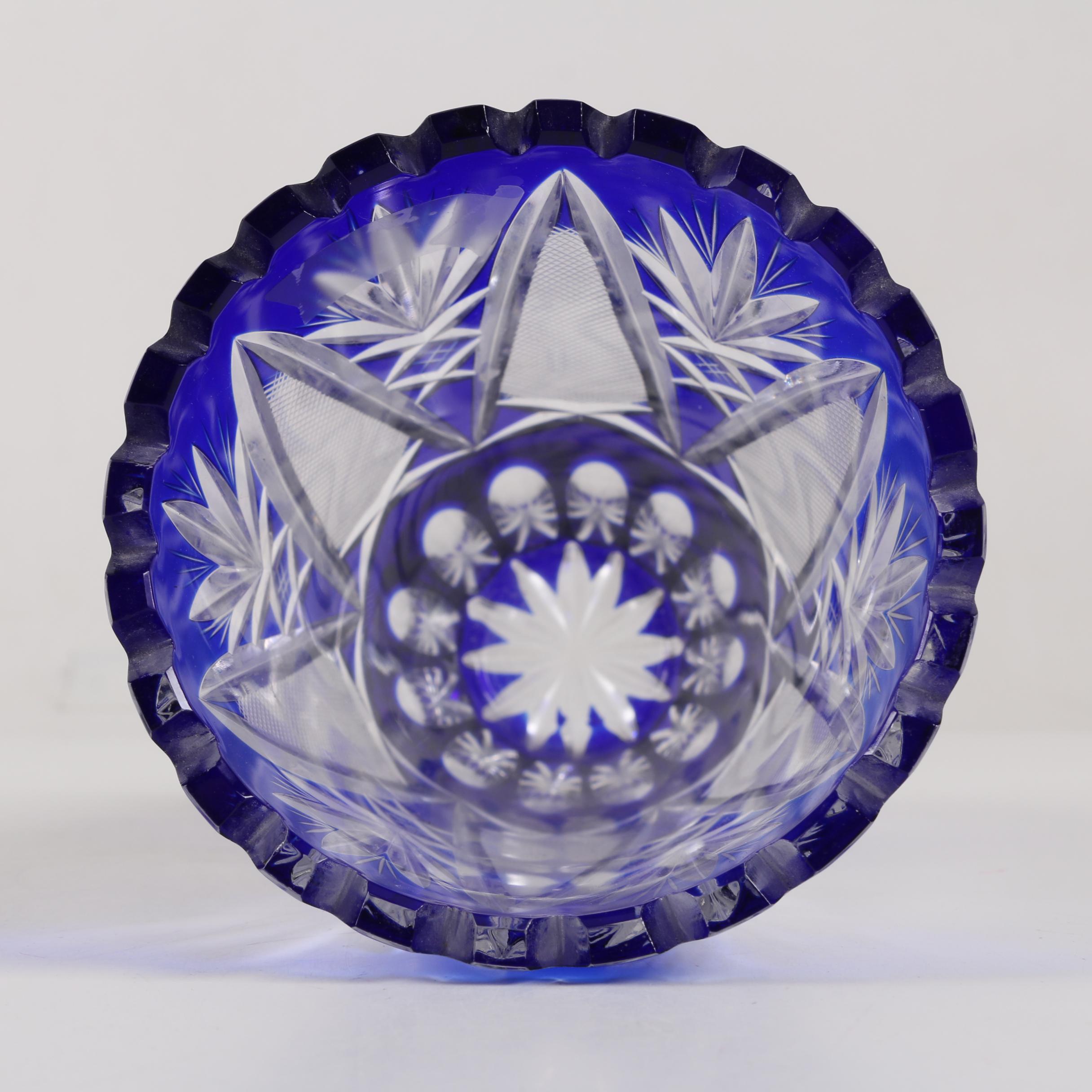 Bohemian Style Cobalt Cased Cut to Clear Crystal Vase