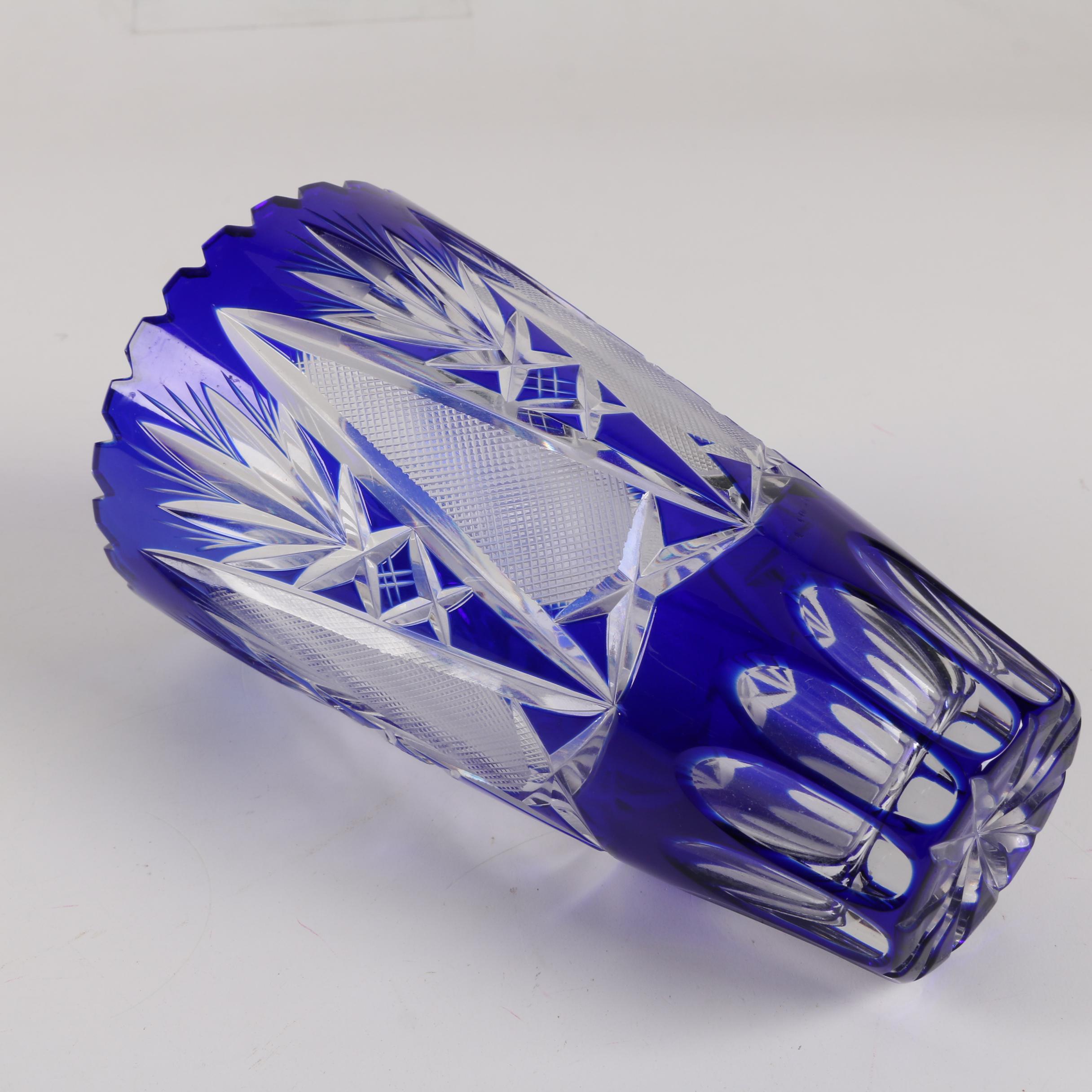 Bohemian Style Cobalt Cased Cut to Clear Crystal Vase