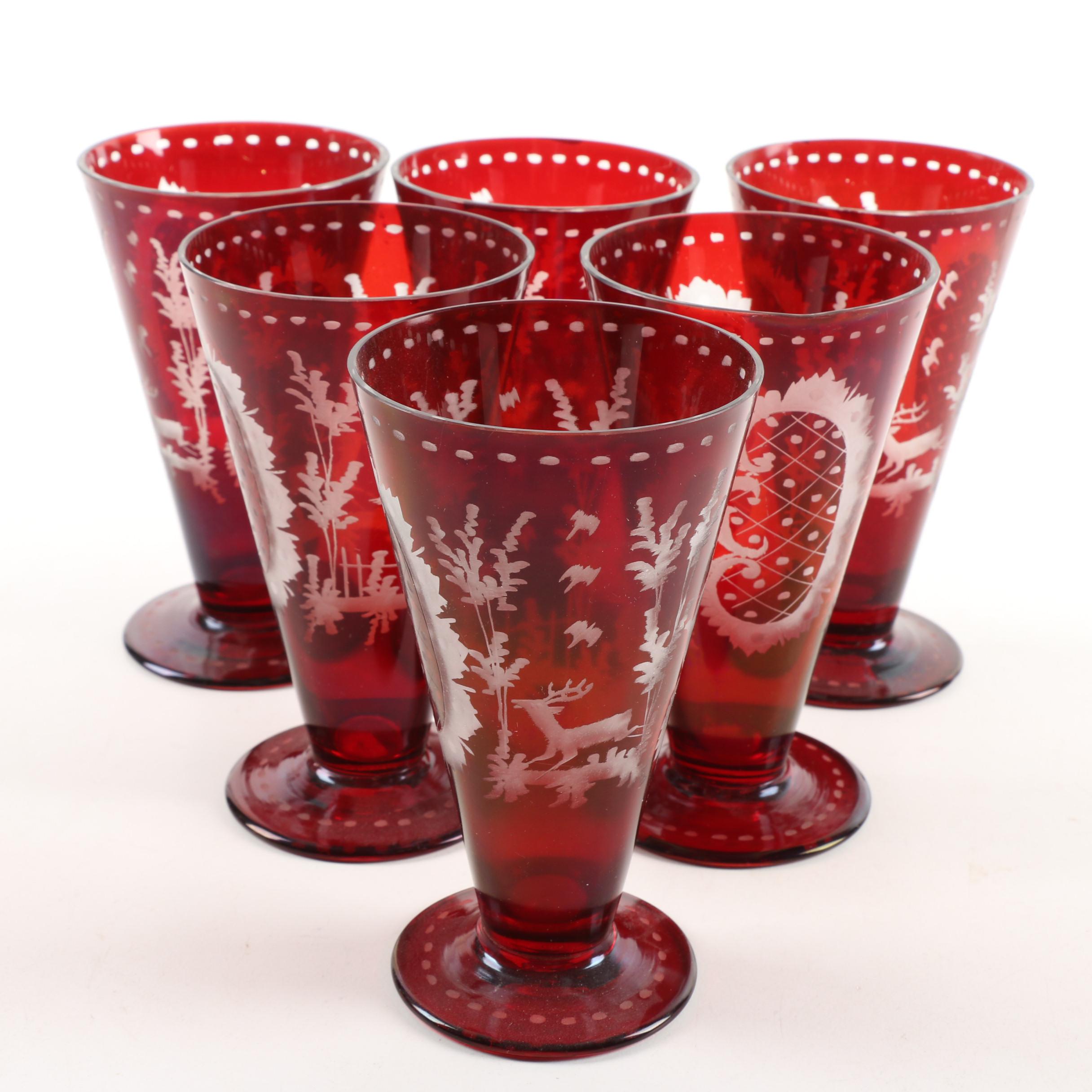 Antique Bohemian Ruby Flashed Etched To Clear Footed Glasses