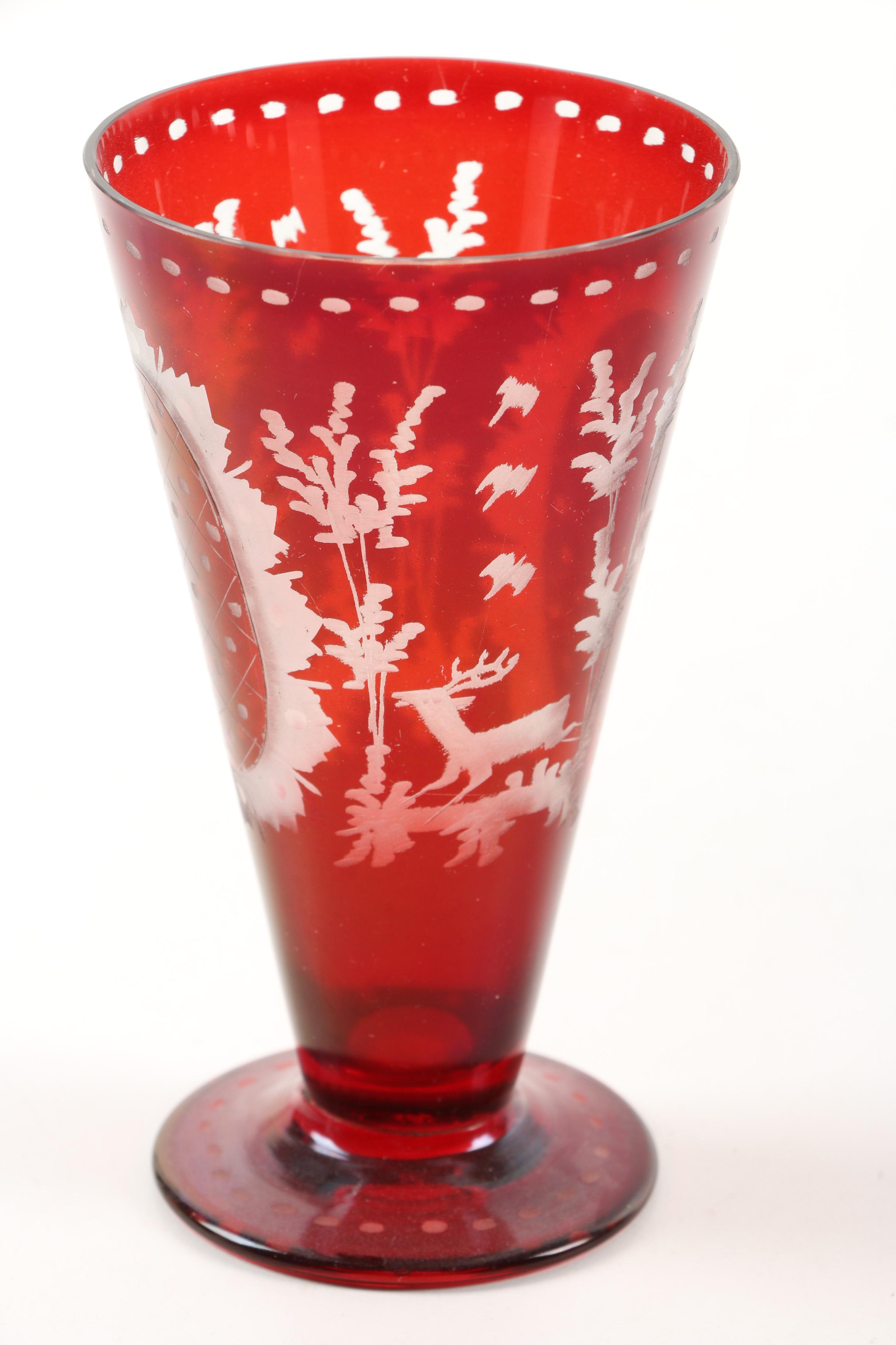 Antique Bohemian Ruby Flashed Etched To Clear Footed Glasses