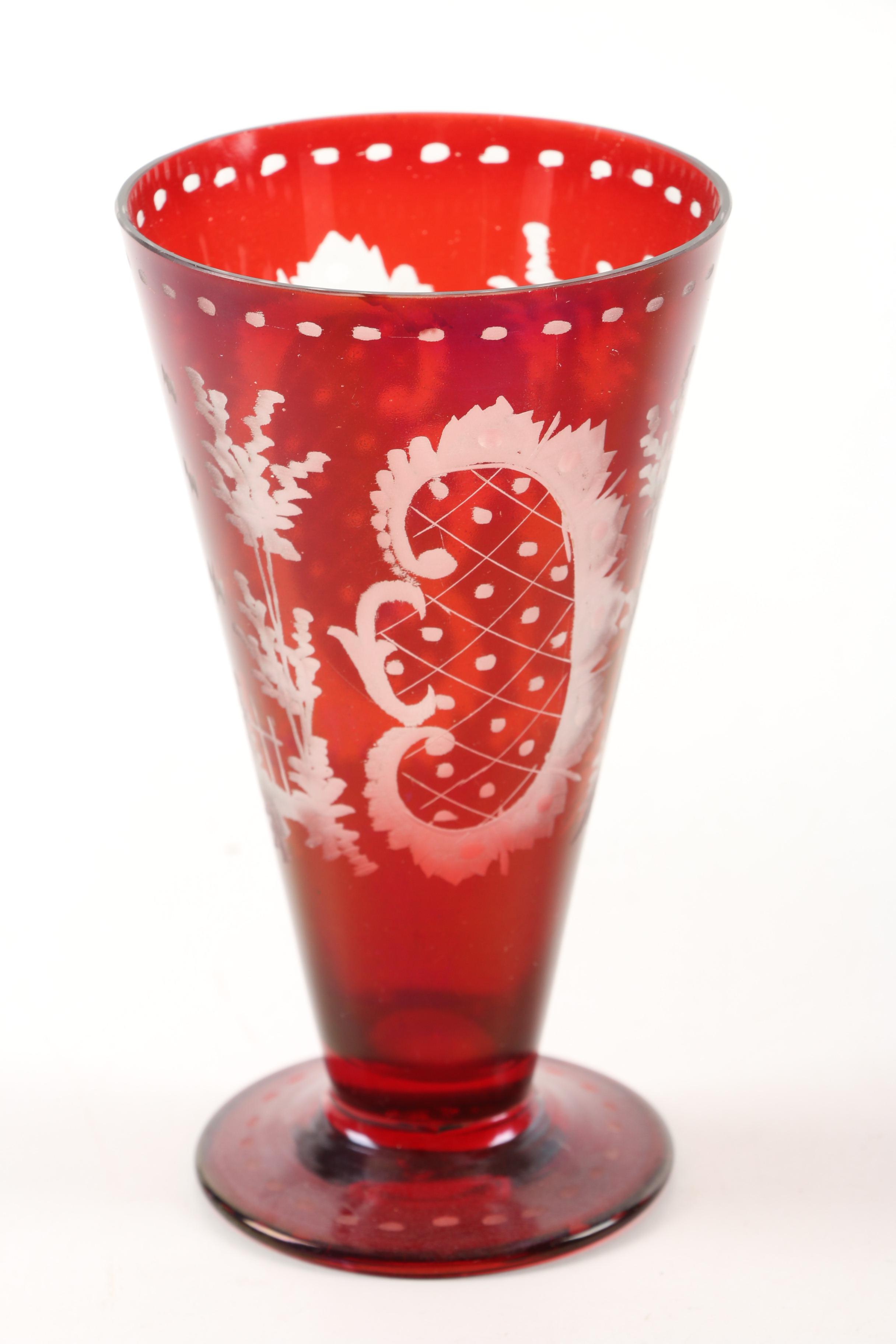 Antique Bohemian Ruby Flashed Etched To Clear Footed Glasses