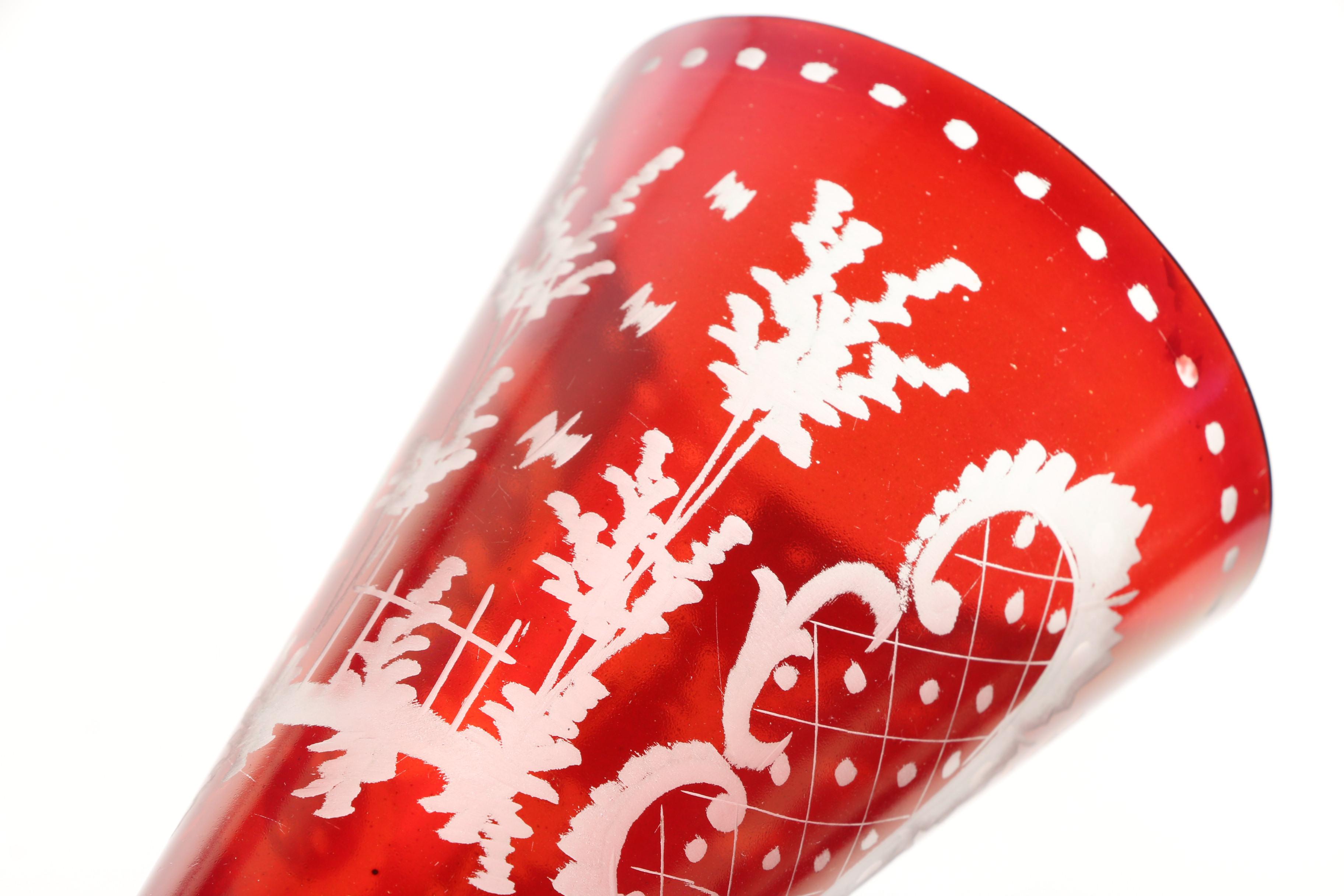 Antique Bohemian Ruby Flashed Etched To Clear Footed Glasses