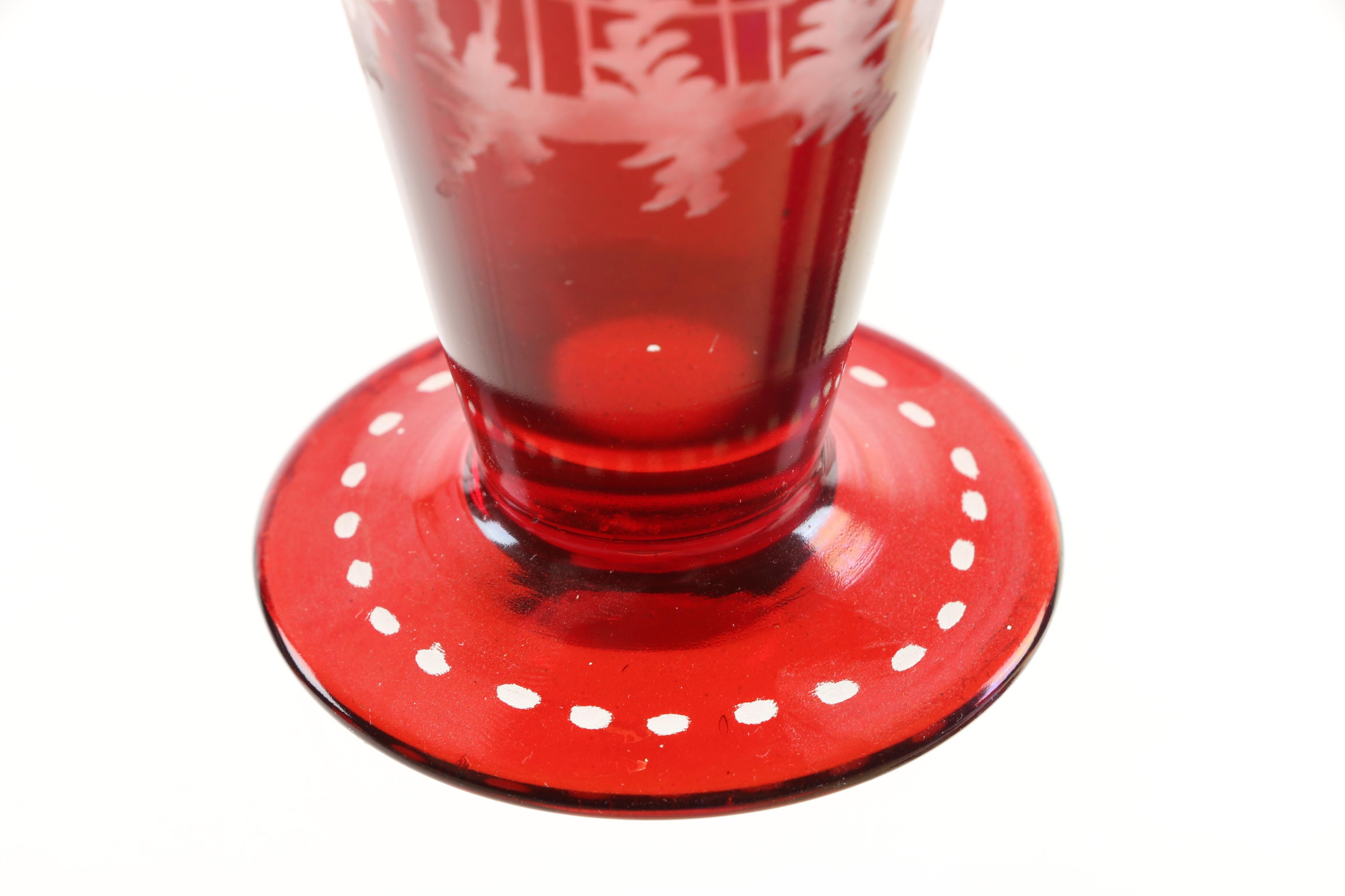 Antique Bohemian Ruby Flashed Etched To Clear Footed Glasses