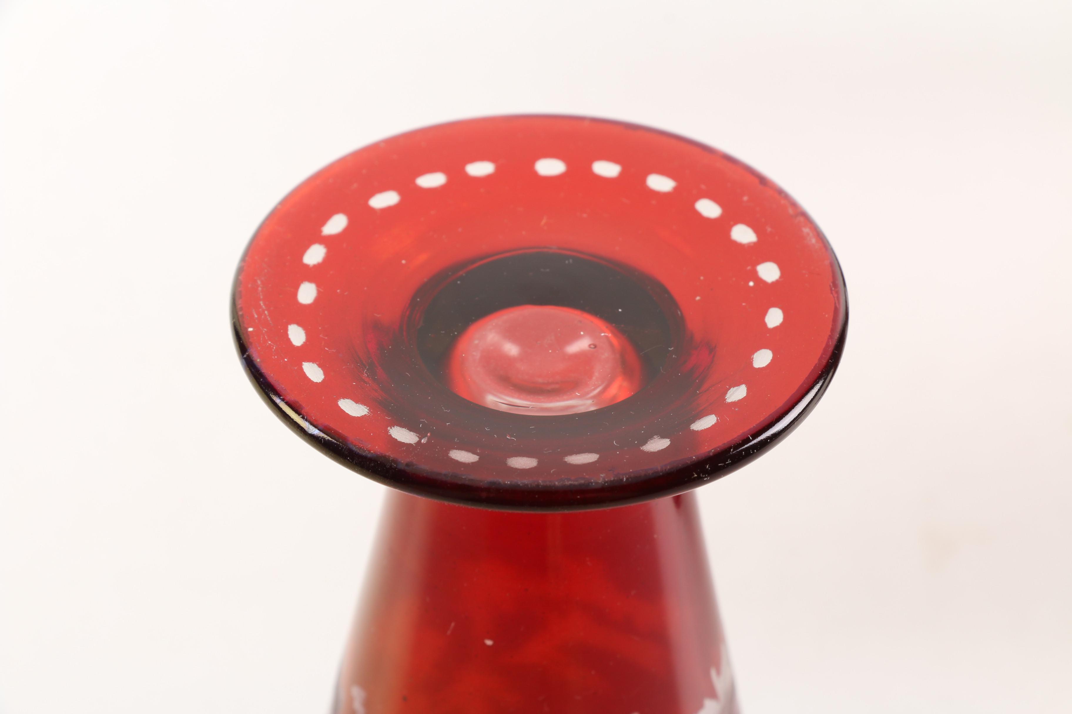 Antique Bohemian Ruby Flashed Etched To Clear Footed Glasses