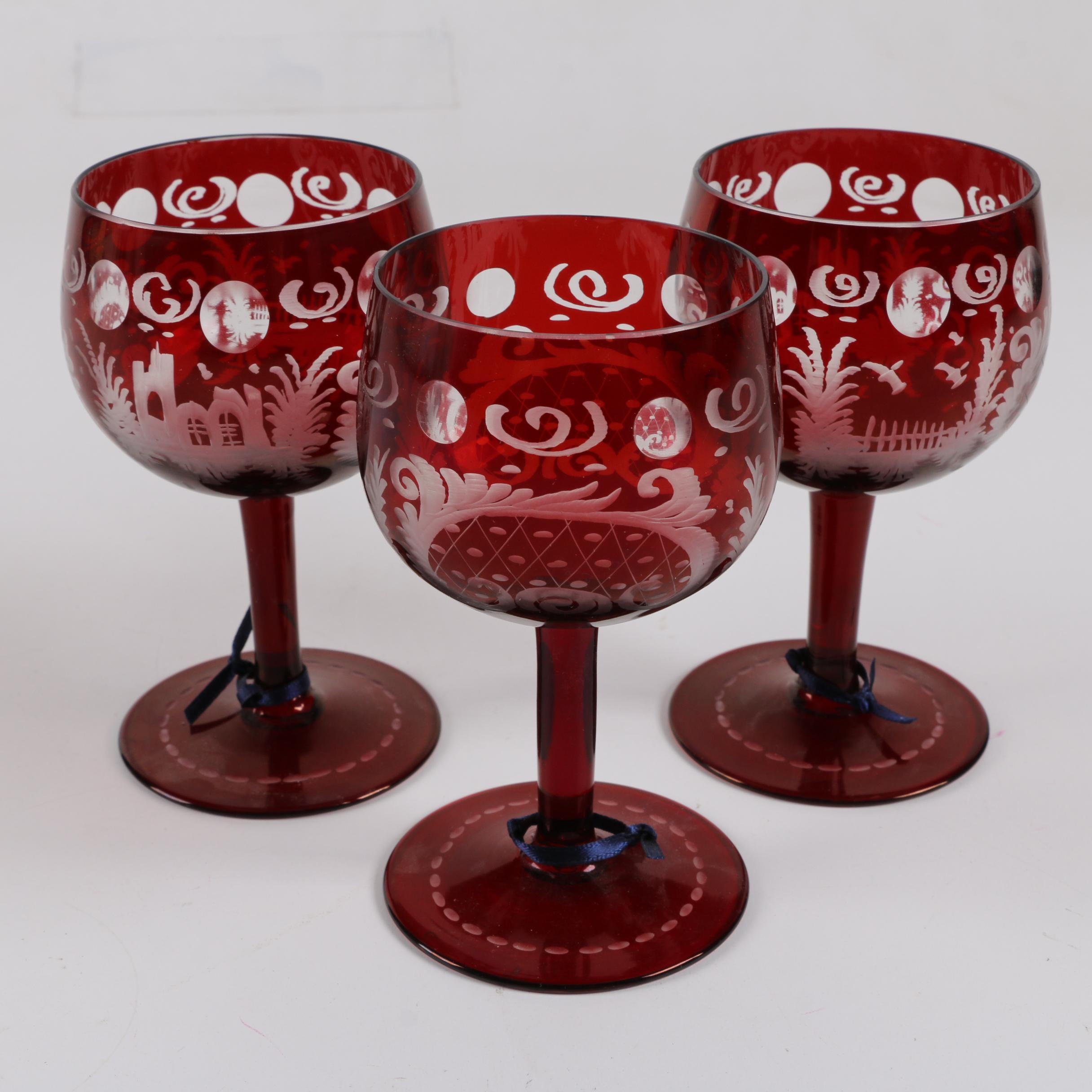 Antique Bohemian Ruby Flashed Etched To Clear Goblets