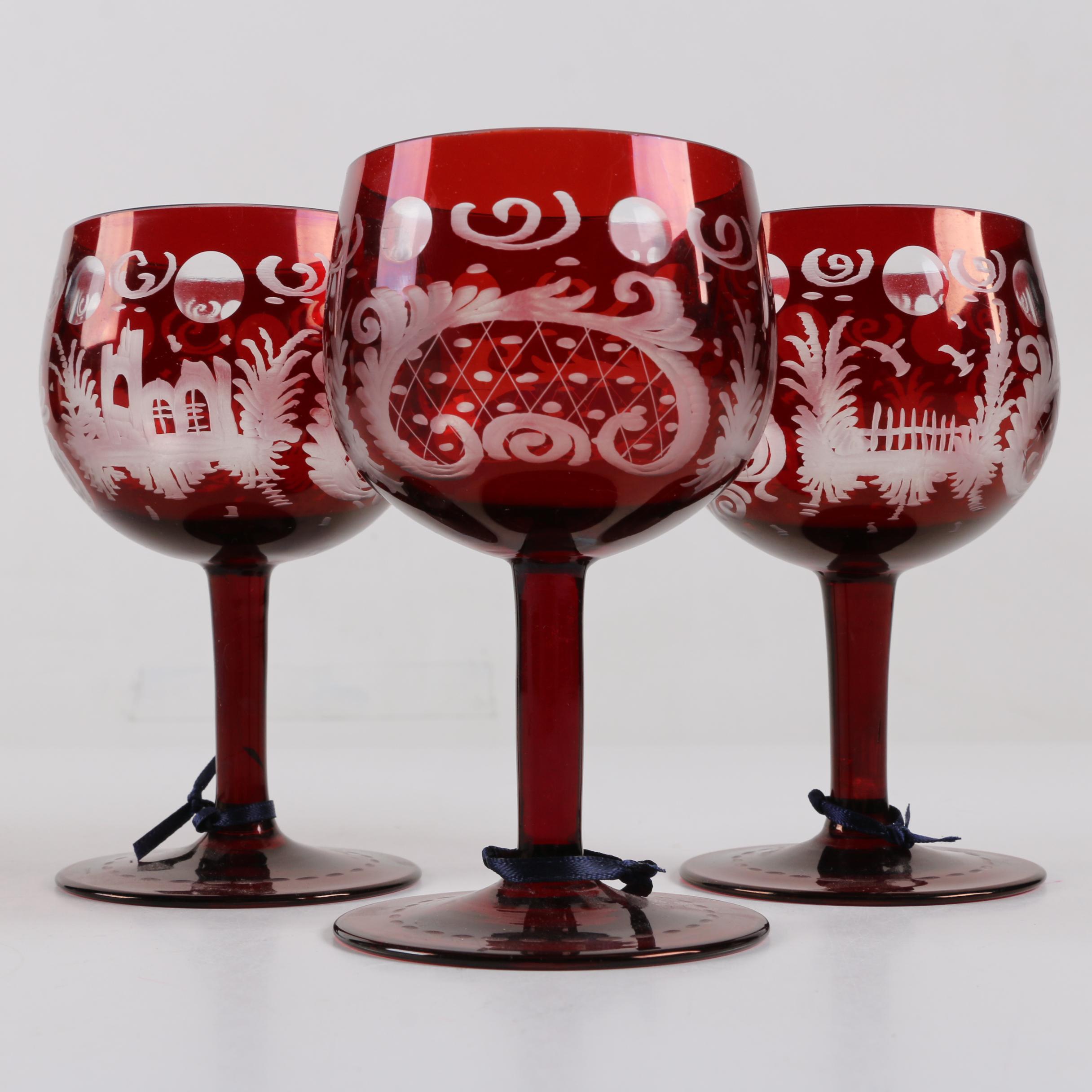 Antique Bohemian Ruby Flashed Etched To Clear Goblets
