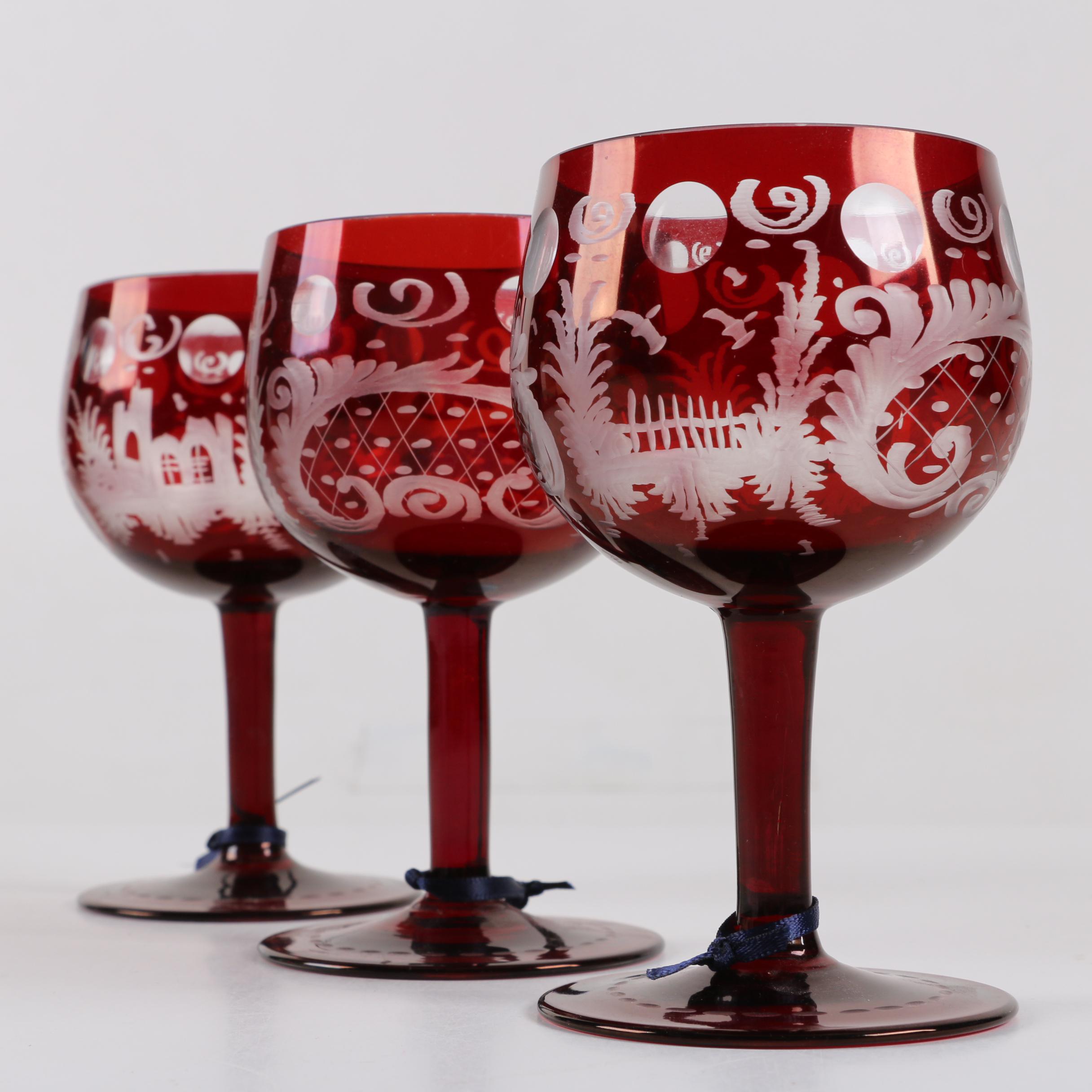 Antique Bohemian Ruby Flashed Etched To Clear Goblets