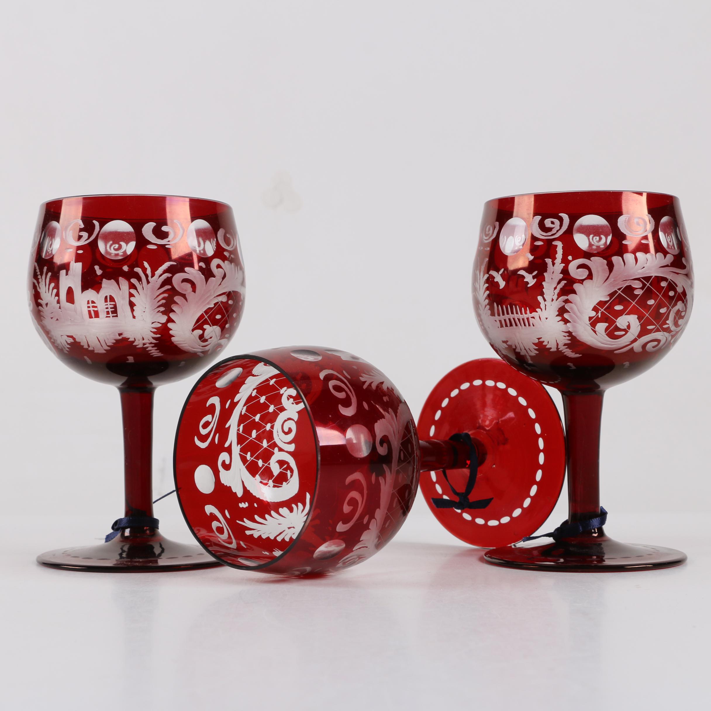 Antique Bohemian Ruby Flashed Etched To Clear Goblets