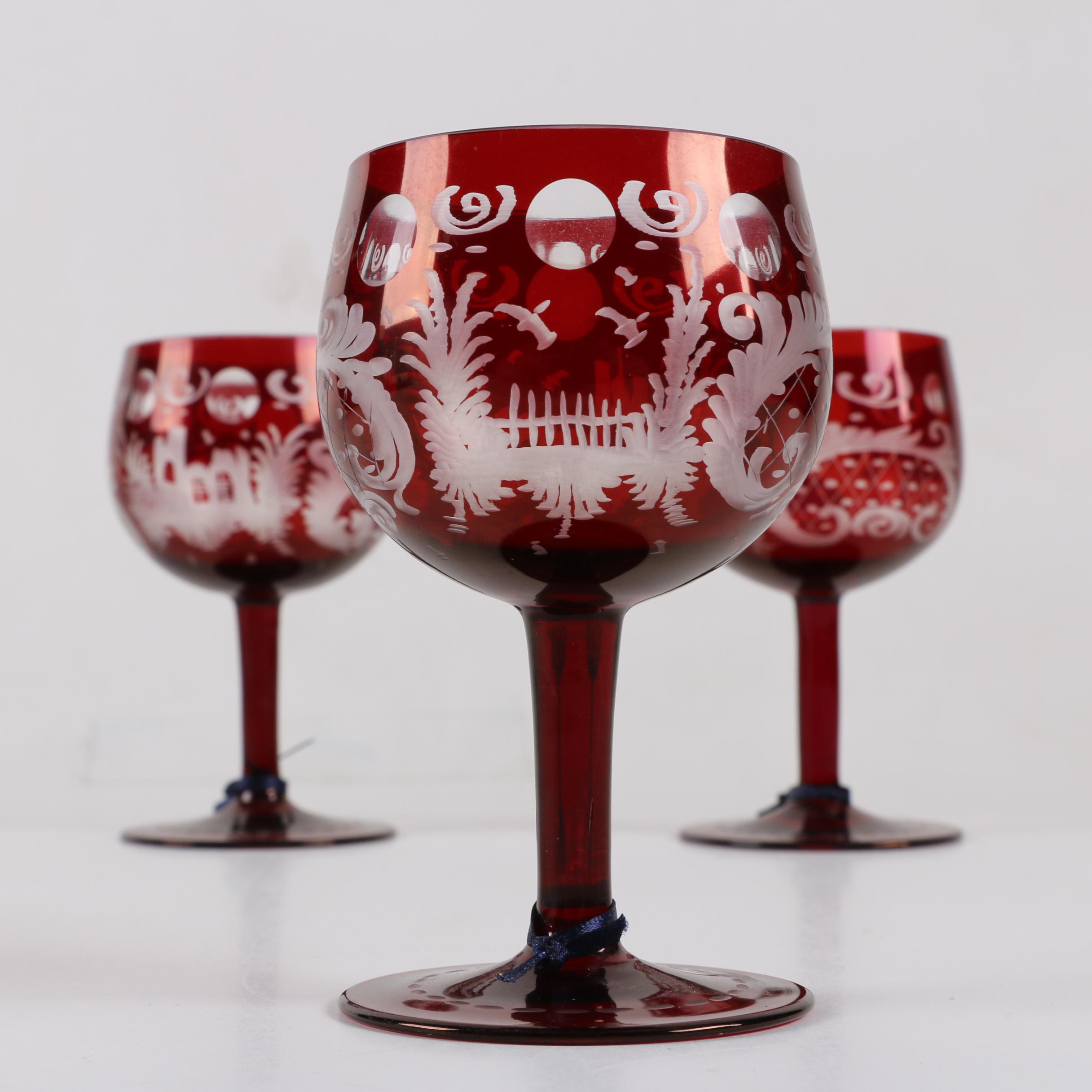 Antique Bohemian Ruby Flashed Etched To Clear Goblets