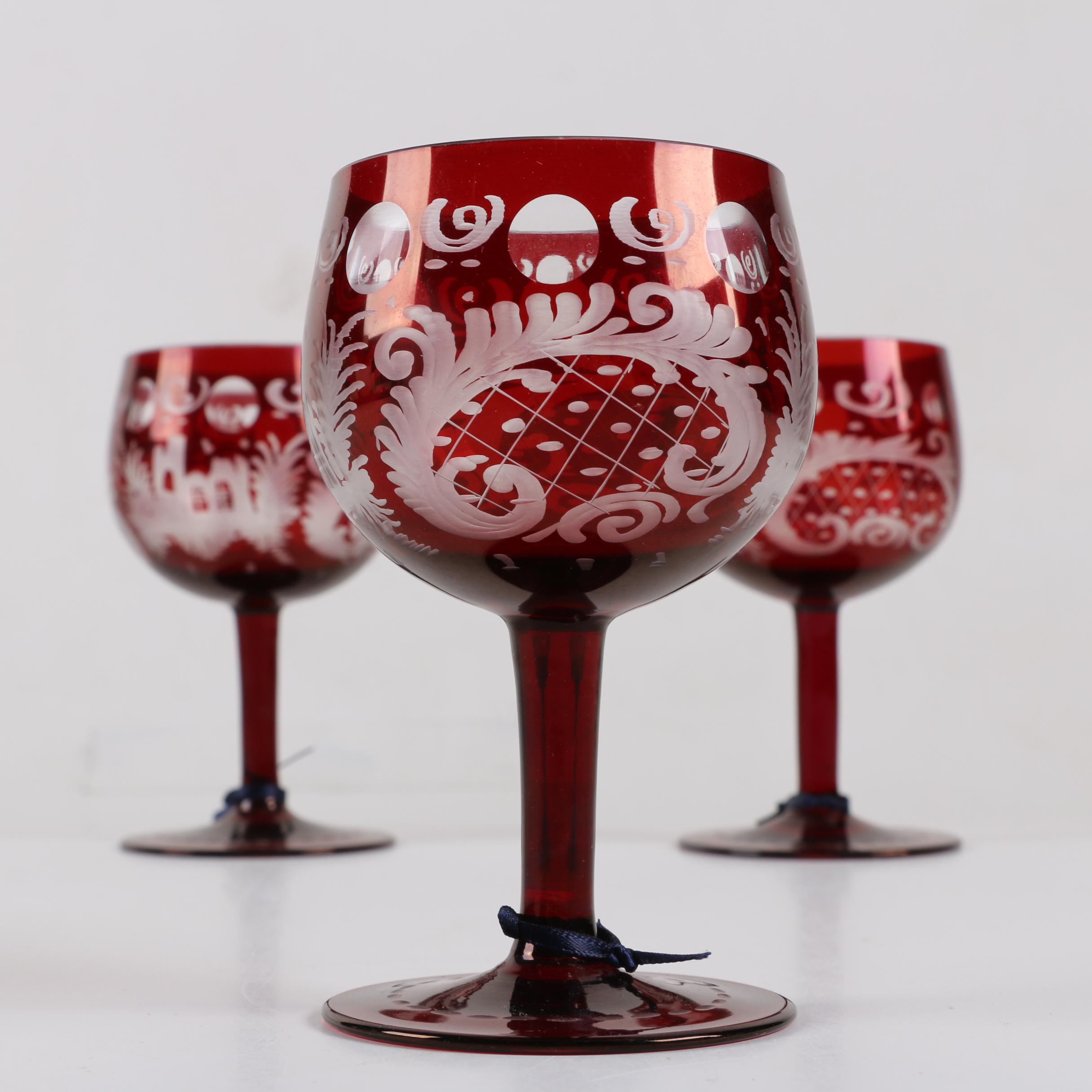 Antique Bohemian Ruby Flashed Etched To Clear Goblets