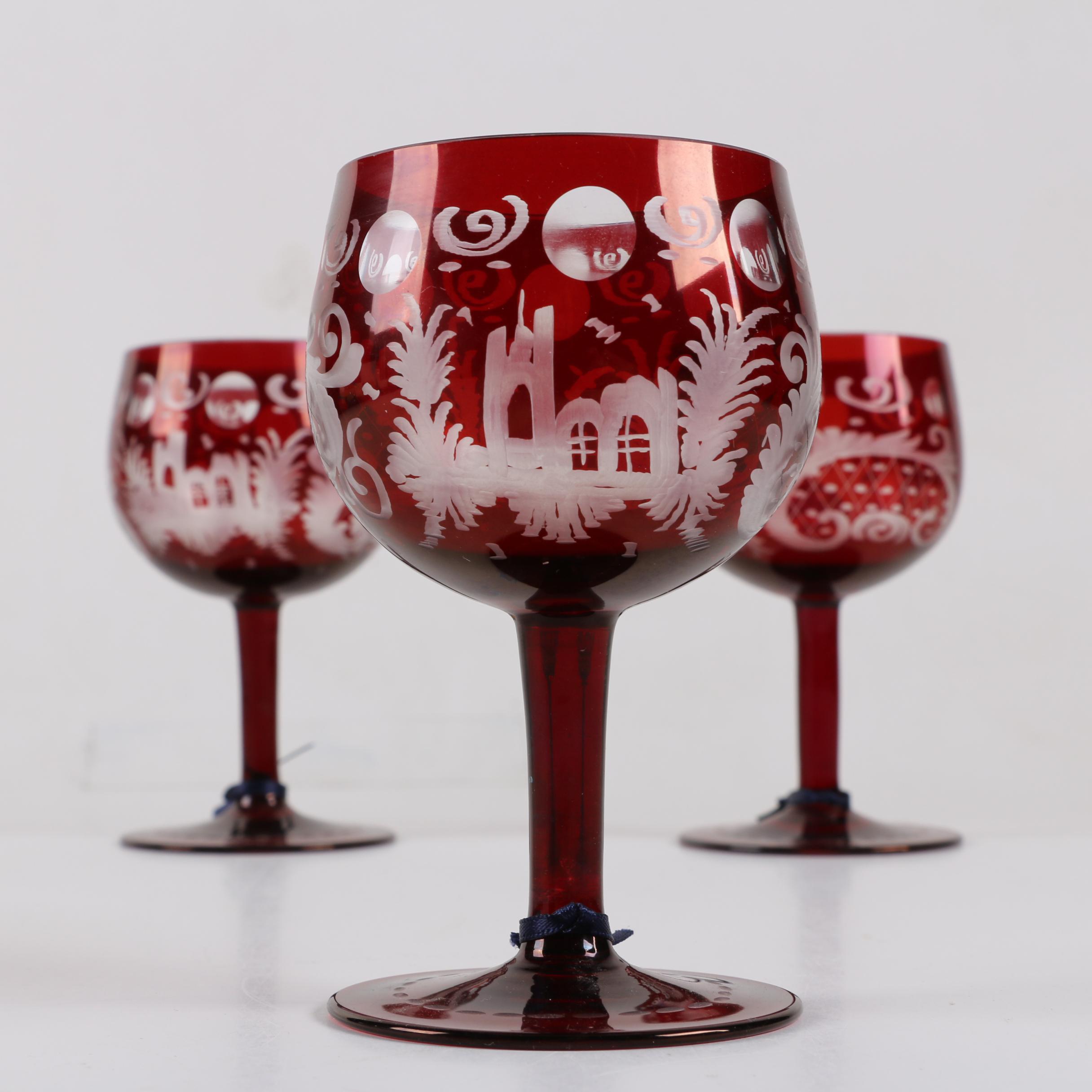 Antique Bohemian Ruby Flashed Etched To Clear Goblets