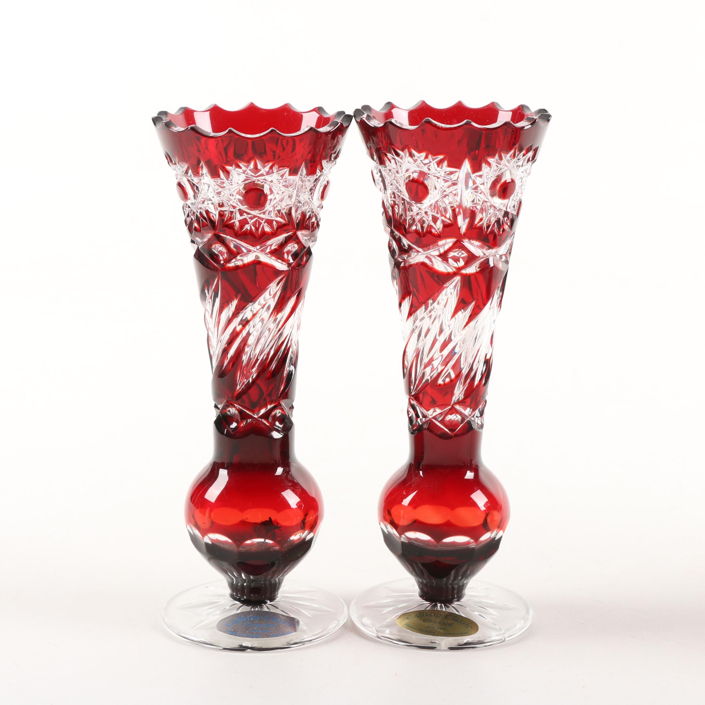 Vintage Callisto Classic Cased Ruby Cut to Clear Lead Crystal Vases