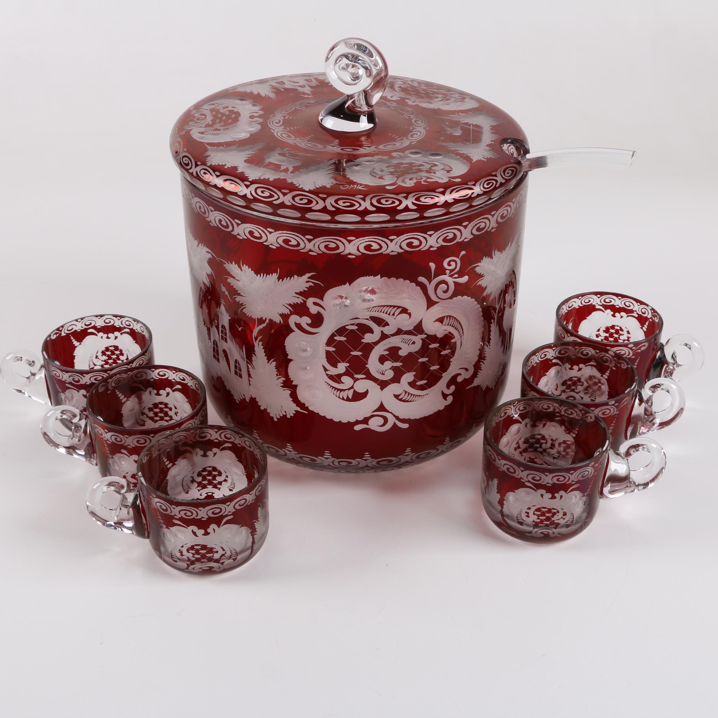 Bohemian Egermann Style Ruby Flashed Engraved Glass Punch Bowl and Cups