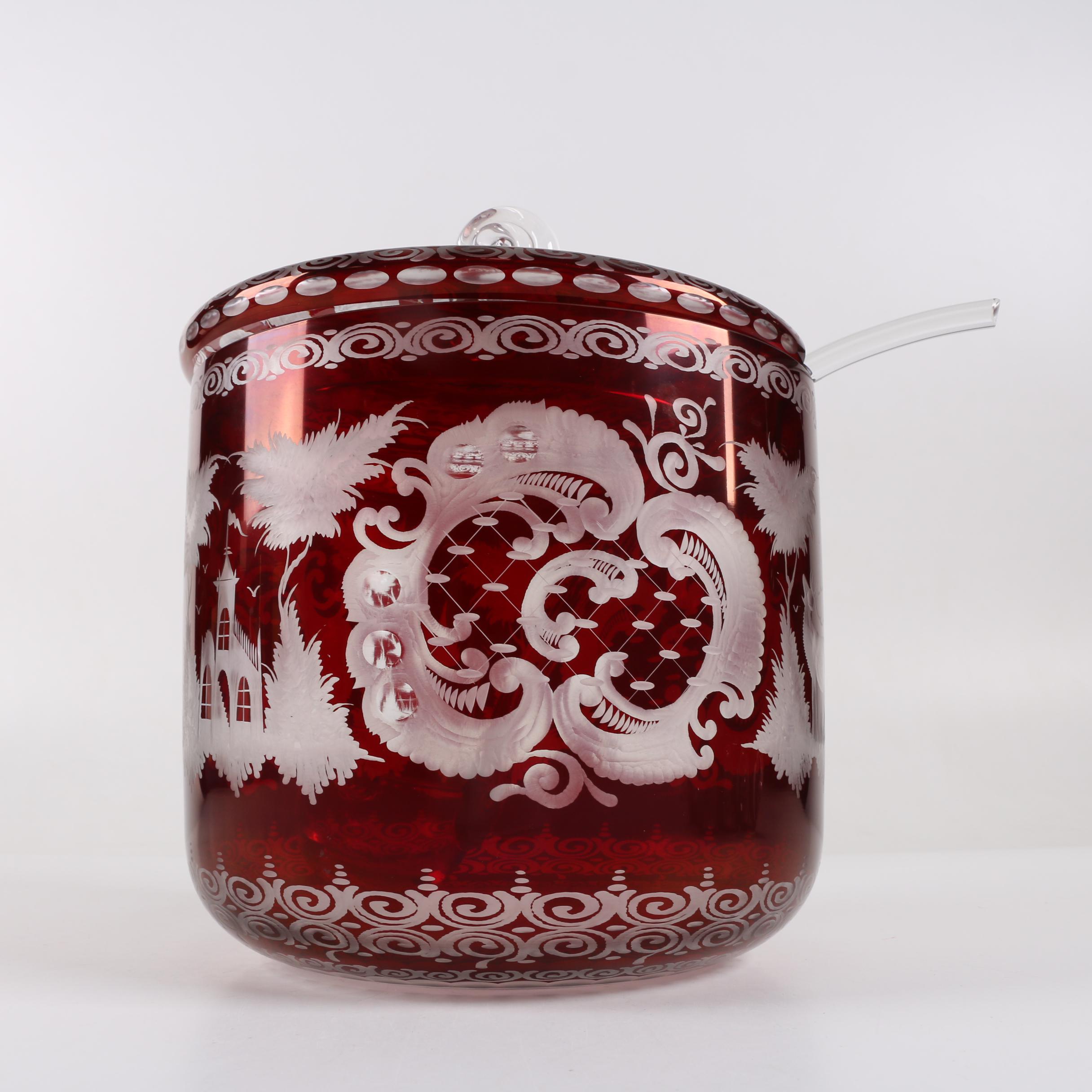 Bohemian Egermann Style Ruby Flashed Engraved Glass Punch Bowl and Cups