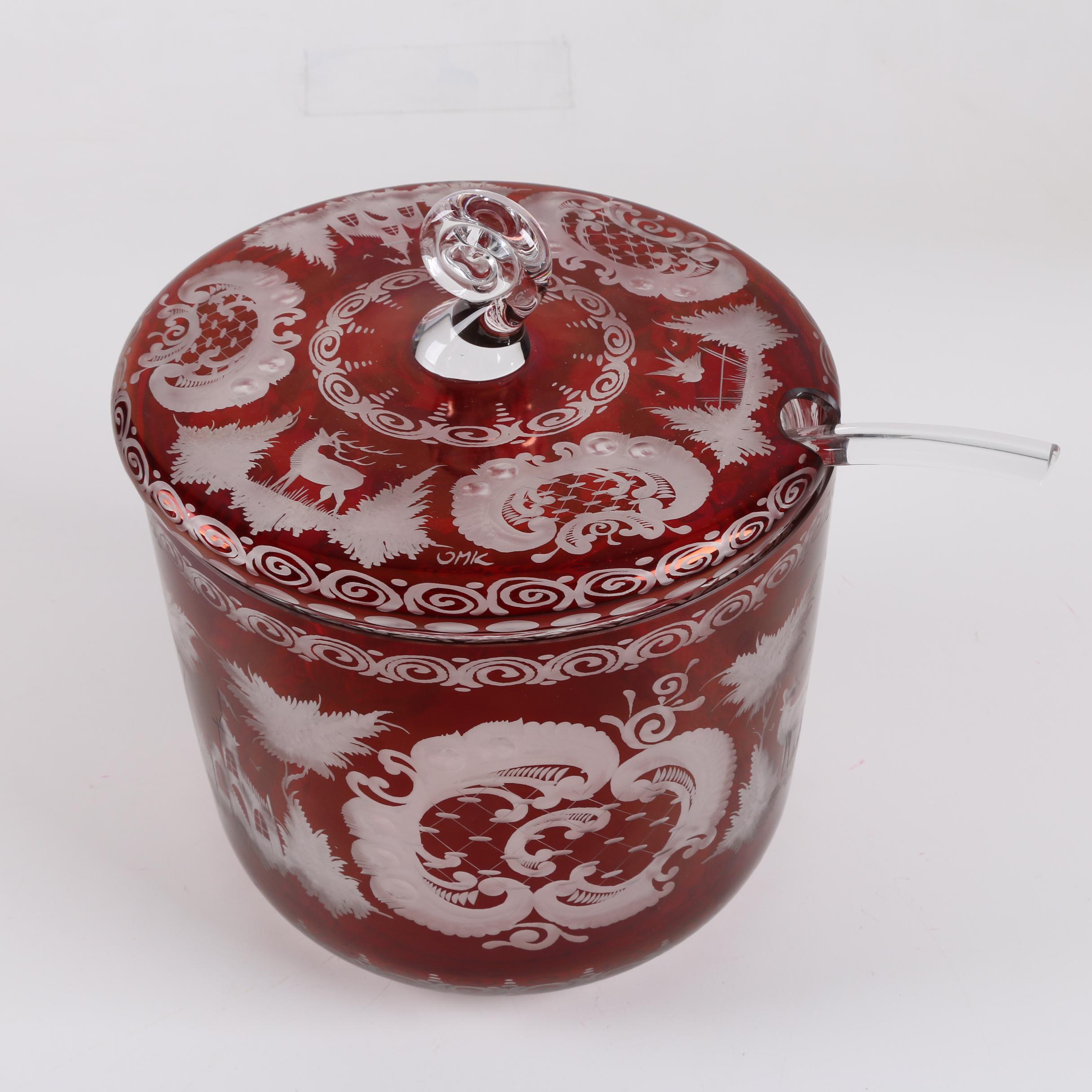 Bohemian Egermann Style Ruby Flashed Engraved Glass Punch Bowl and Cups