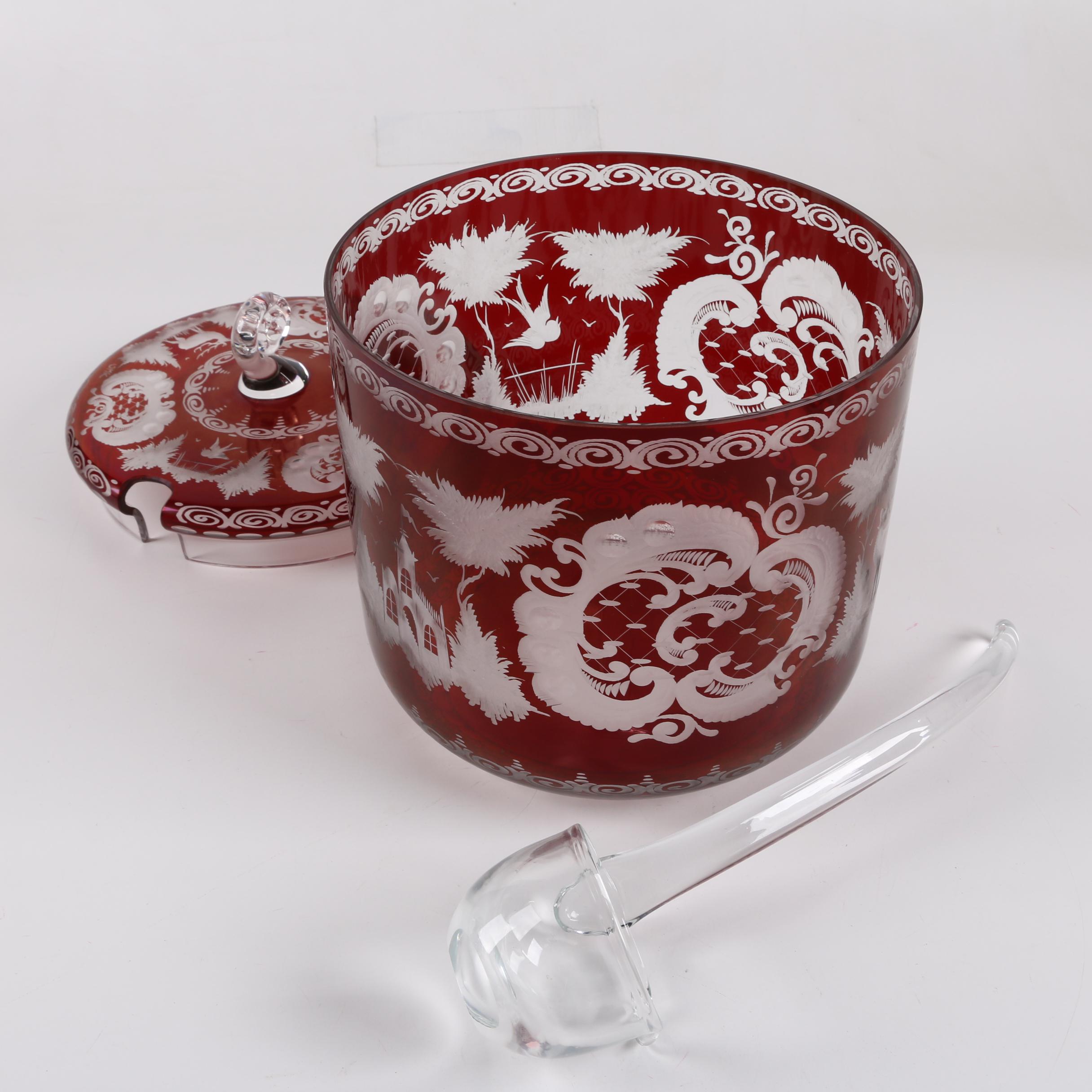 Bohemian Egermann Style Ruby Flashed Engraved Glass Punch Bowl and Cups
