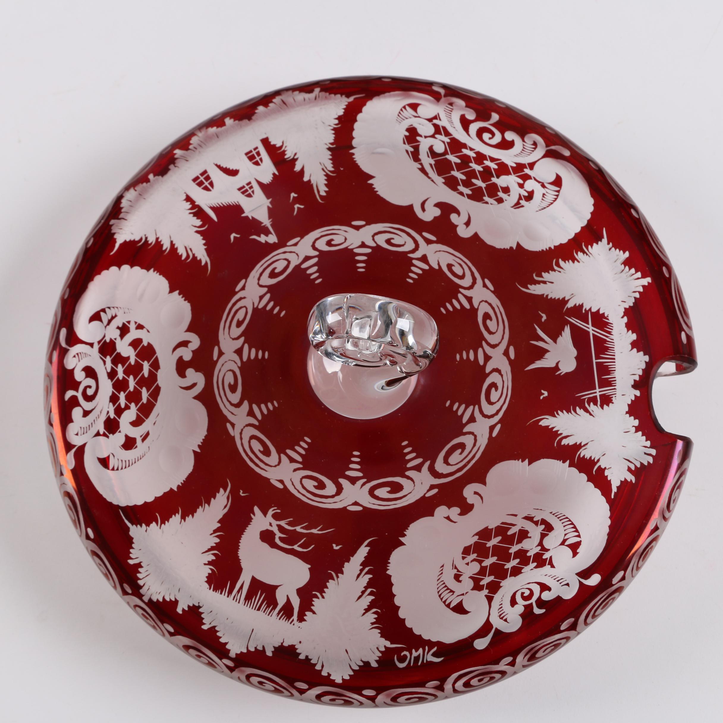 Bohemian Egermann Style Ruby Flashed Engraved Glass Punch Bowl and Cups