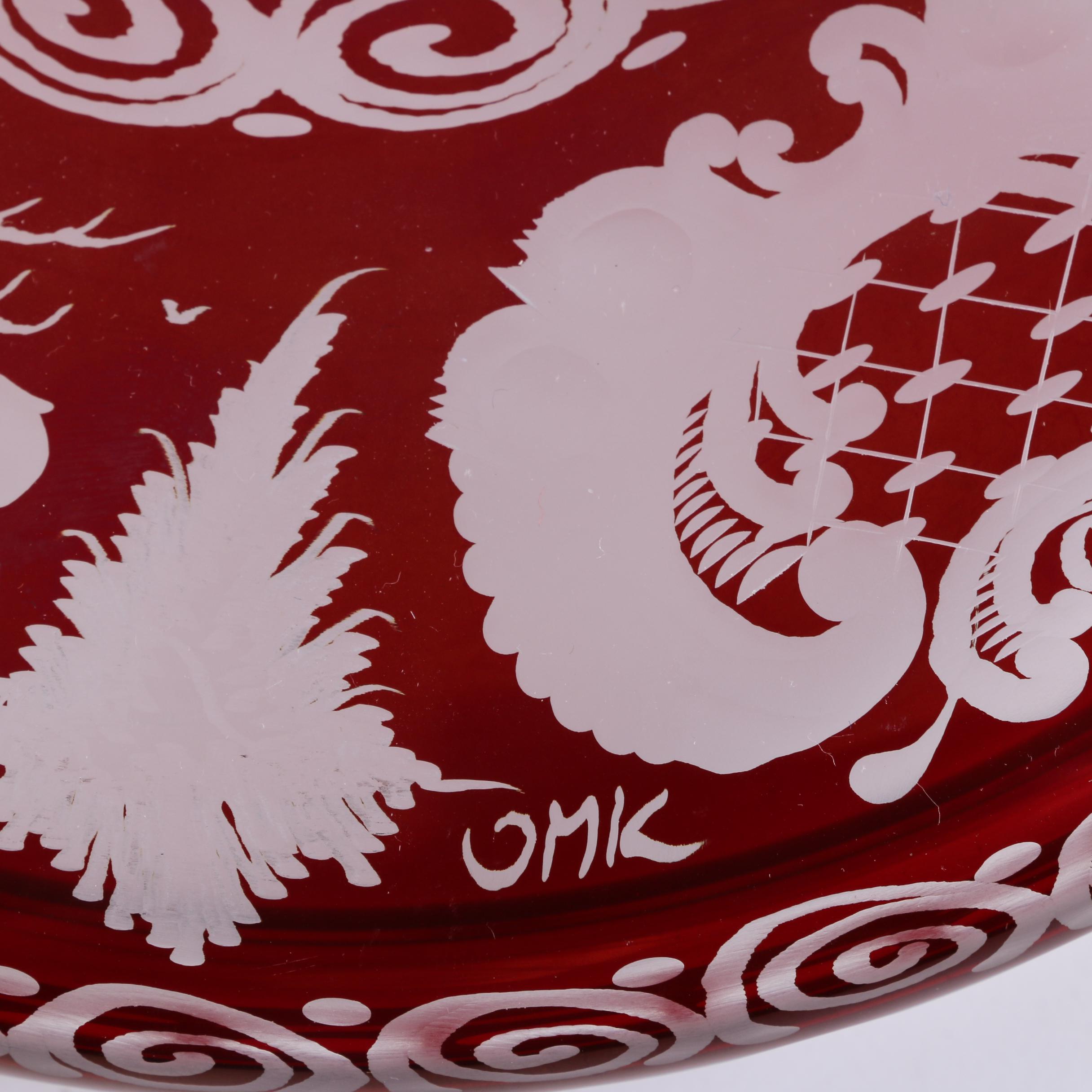 Bohemian Egermann Style Ruby Flashed Engraved Glass Punch Bowl and Cups