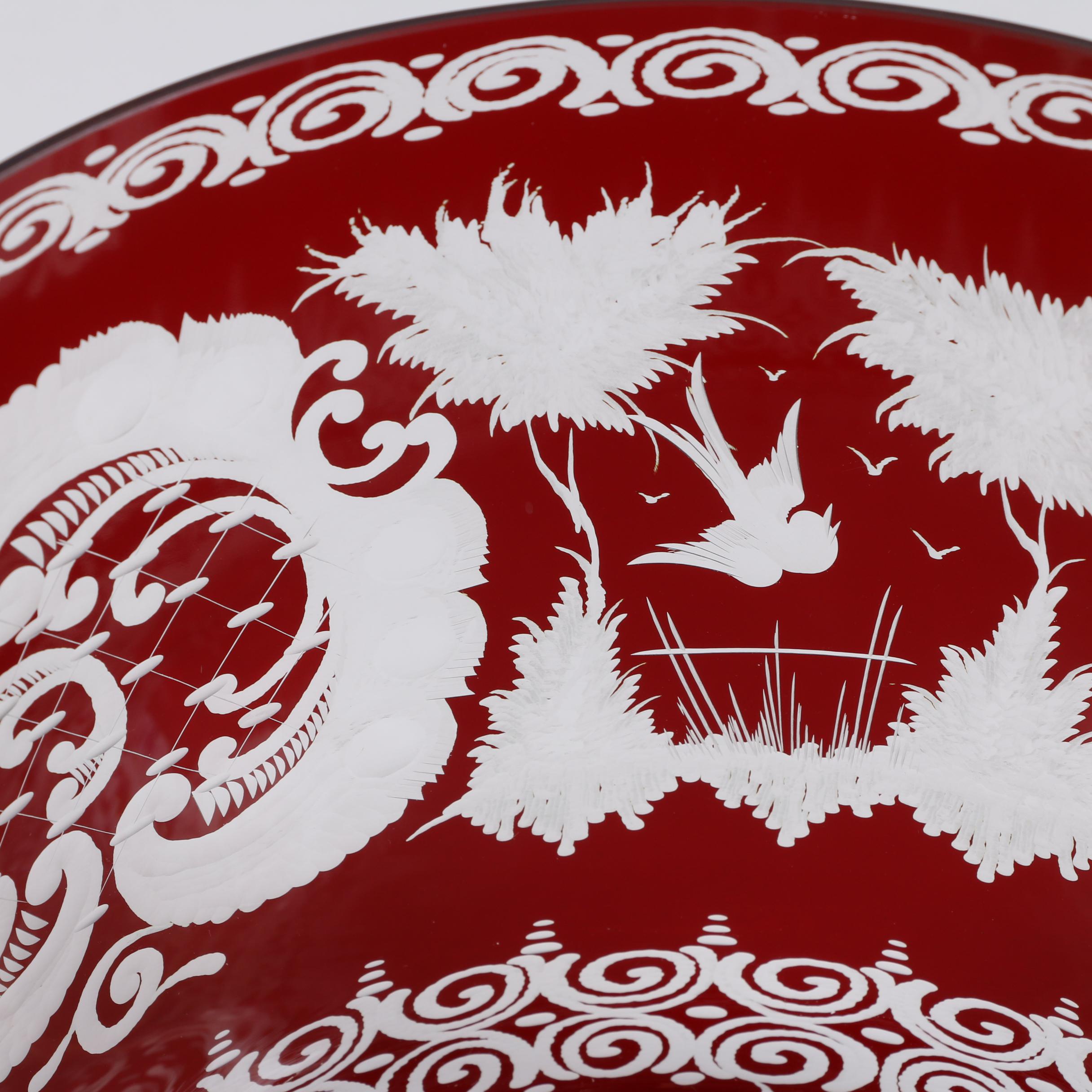 Bohemian Egermann Style Ruby Flashed Engraved Glass Punch Bowl and Cups