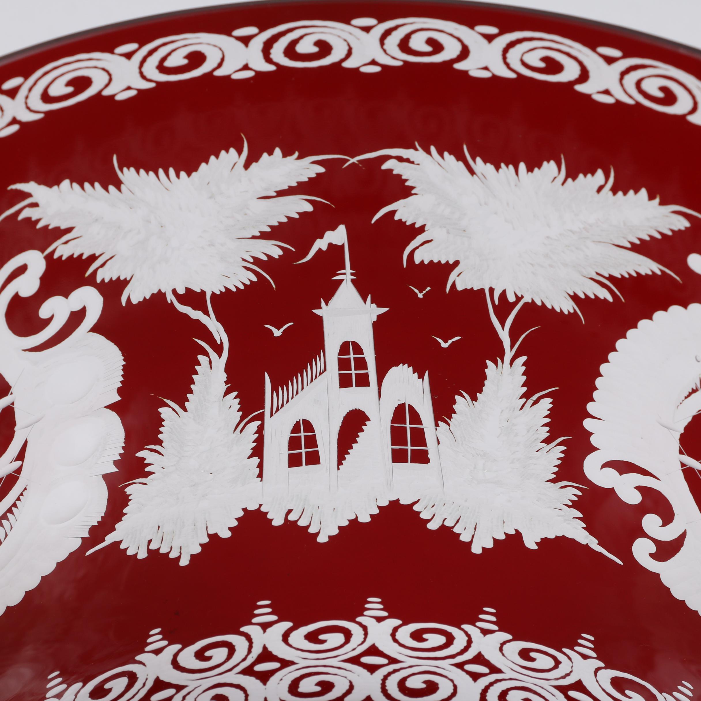 Bohemian Egermann Style Ruby Flashed Engraved Glass Punch Bowl and Cups