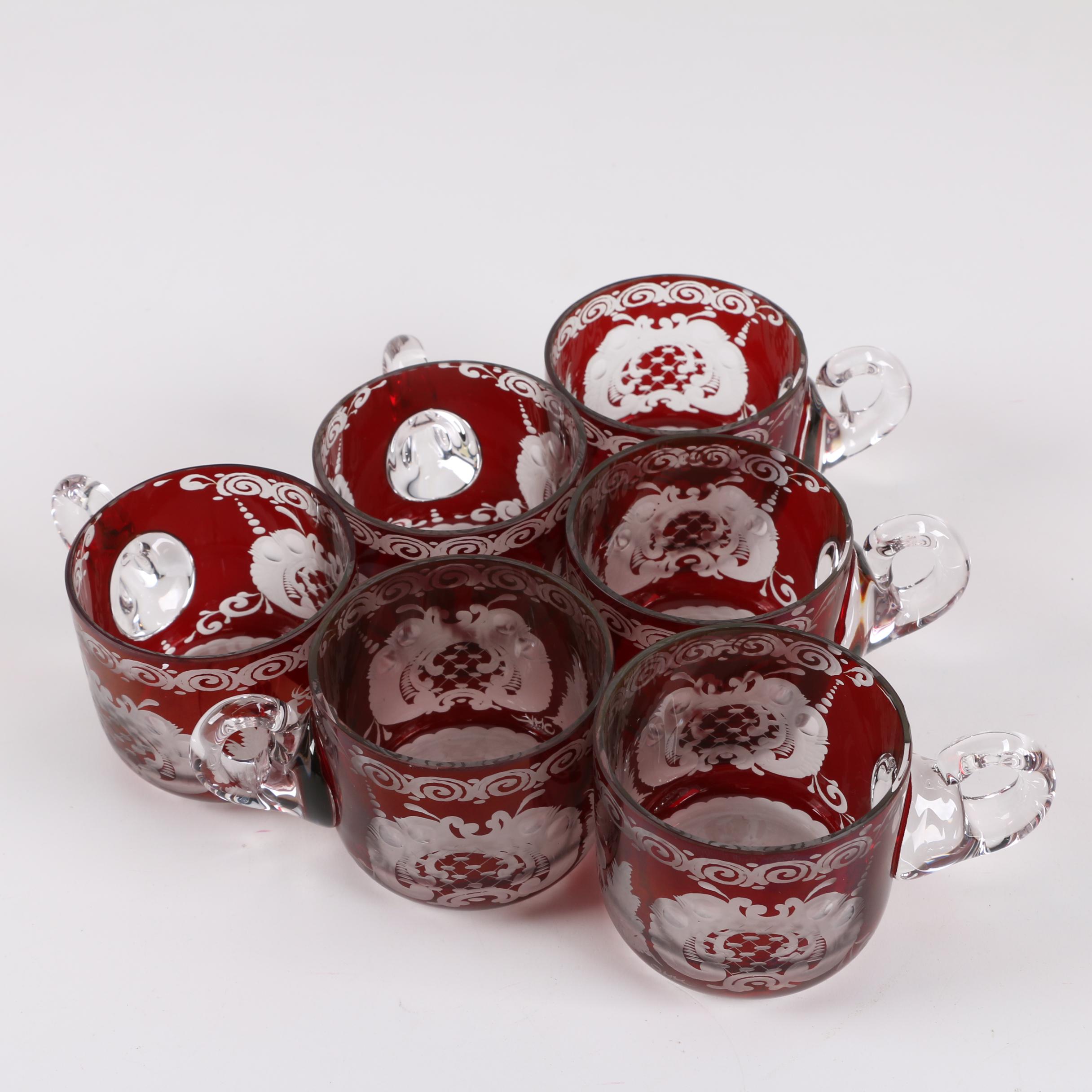 Bohemian Egermann Style Ruby Flashed Engraved Glass Punch Bowl and Cups