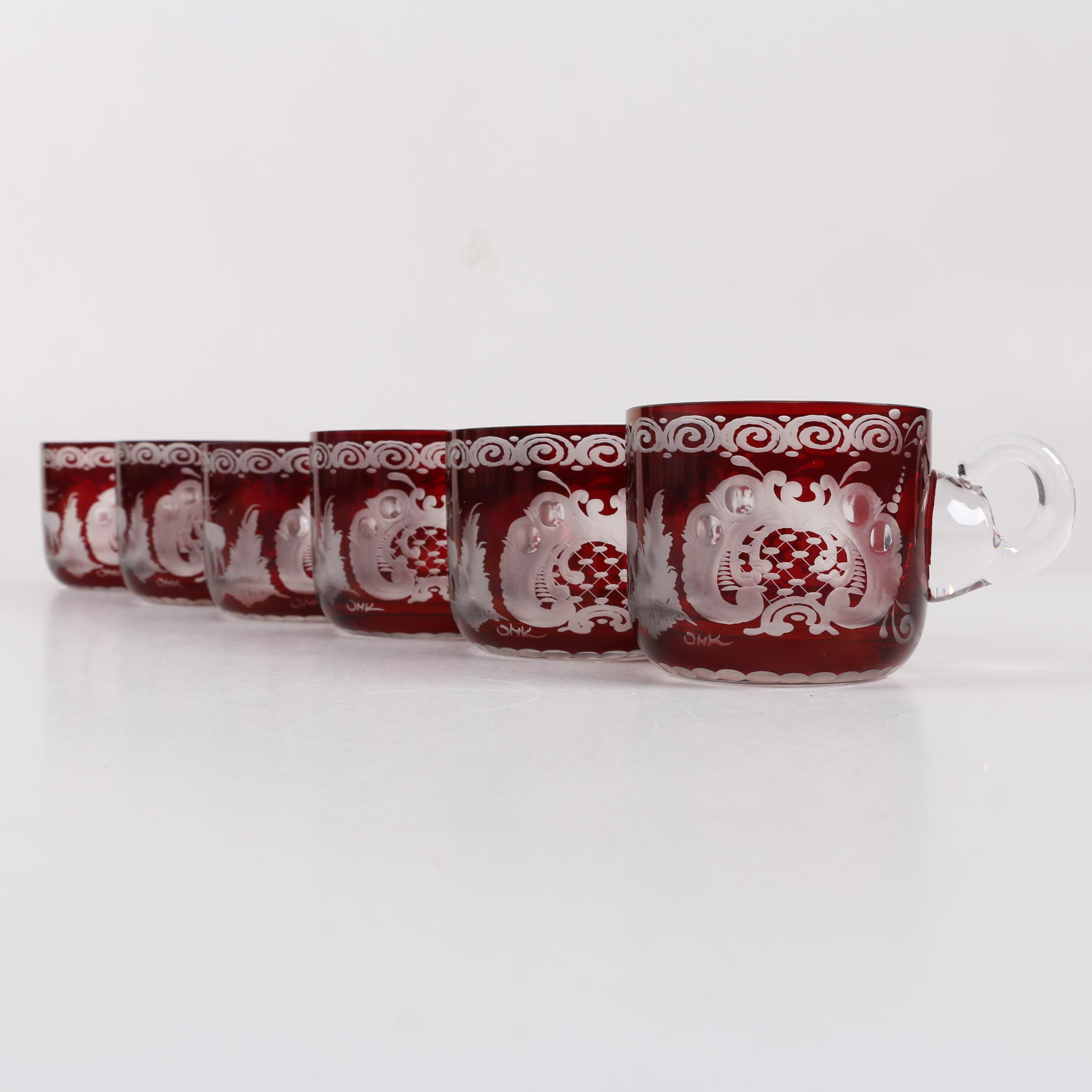 Bohemian Egermann Style Ruby Flashed Engraved Glass Punch Bowl and Cups