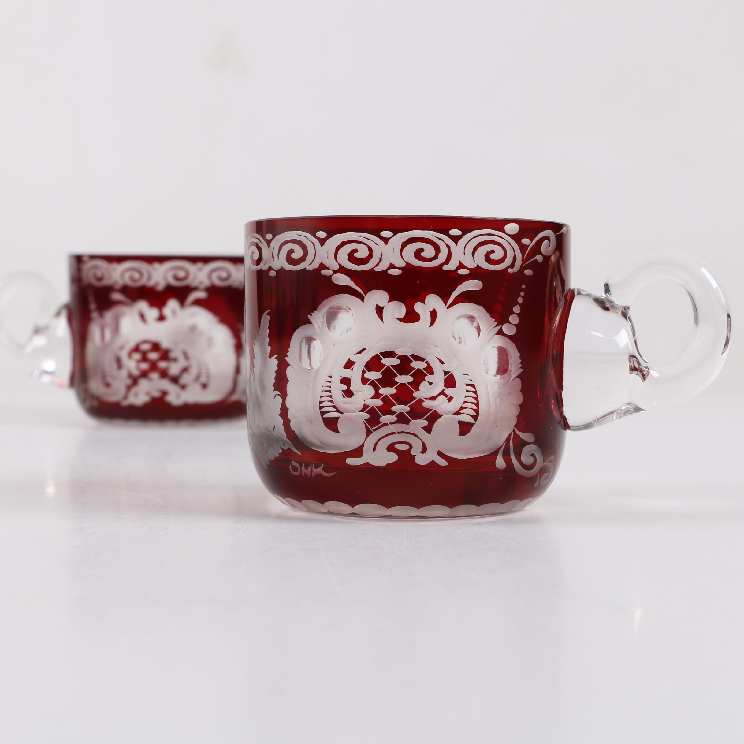 Bohemian Egermann Style Ruby Flashed Engraved Glass Punch Bowl and Cups