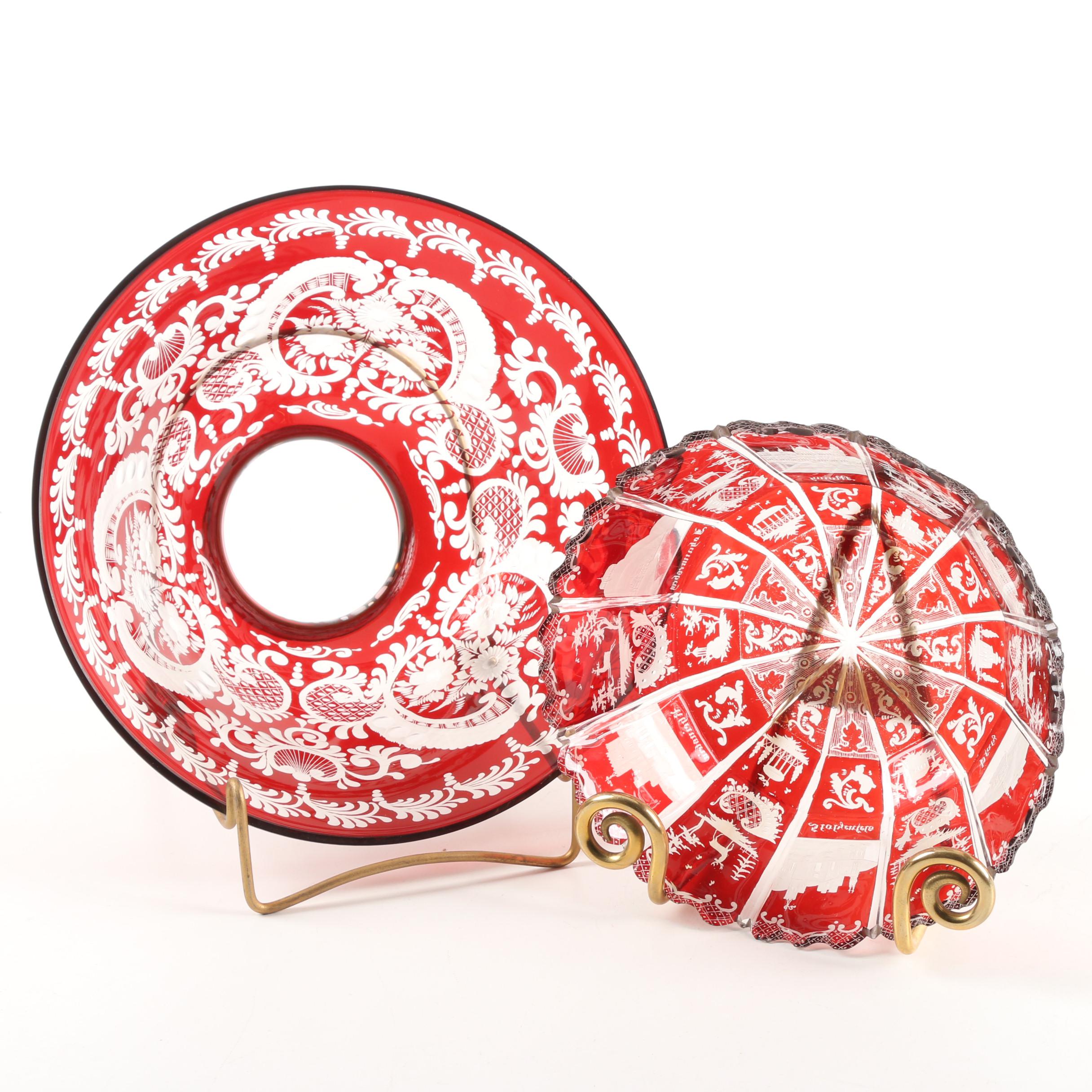 Bohemian Ruby Flashed Cut to Clear Glass Bowls with Brass Stands