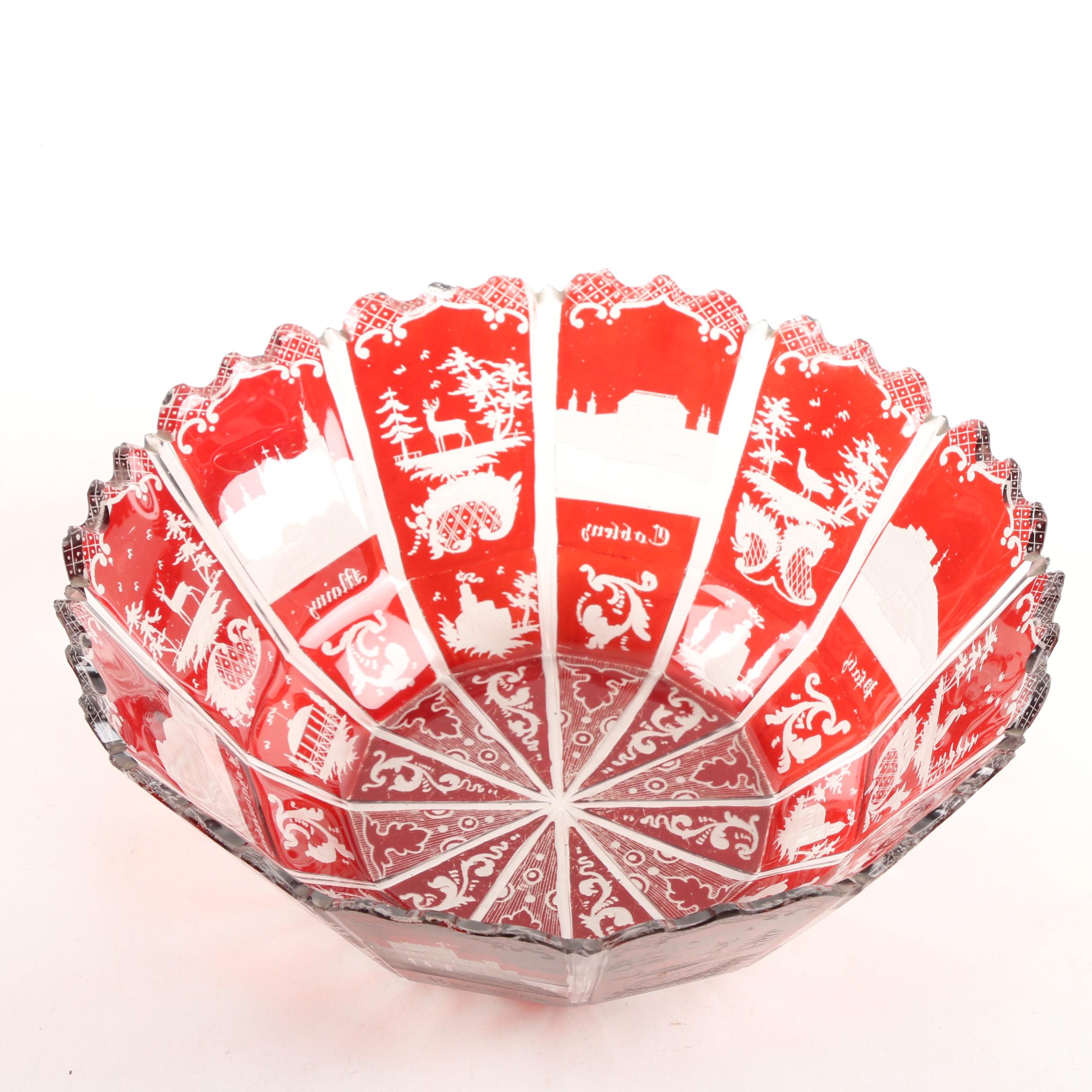 Bohemian Ruby Flashed Cut to Clear Glass Bowls with Brass Stands