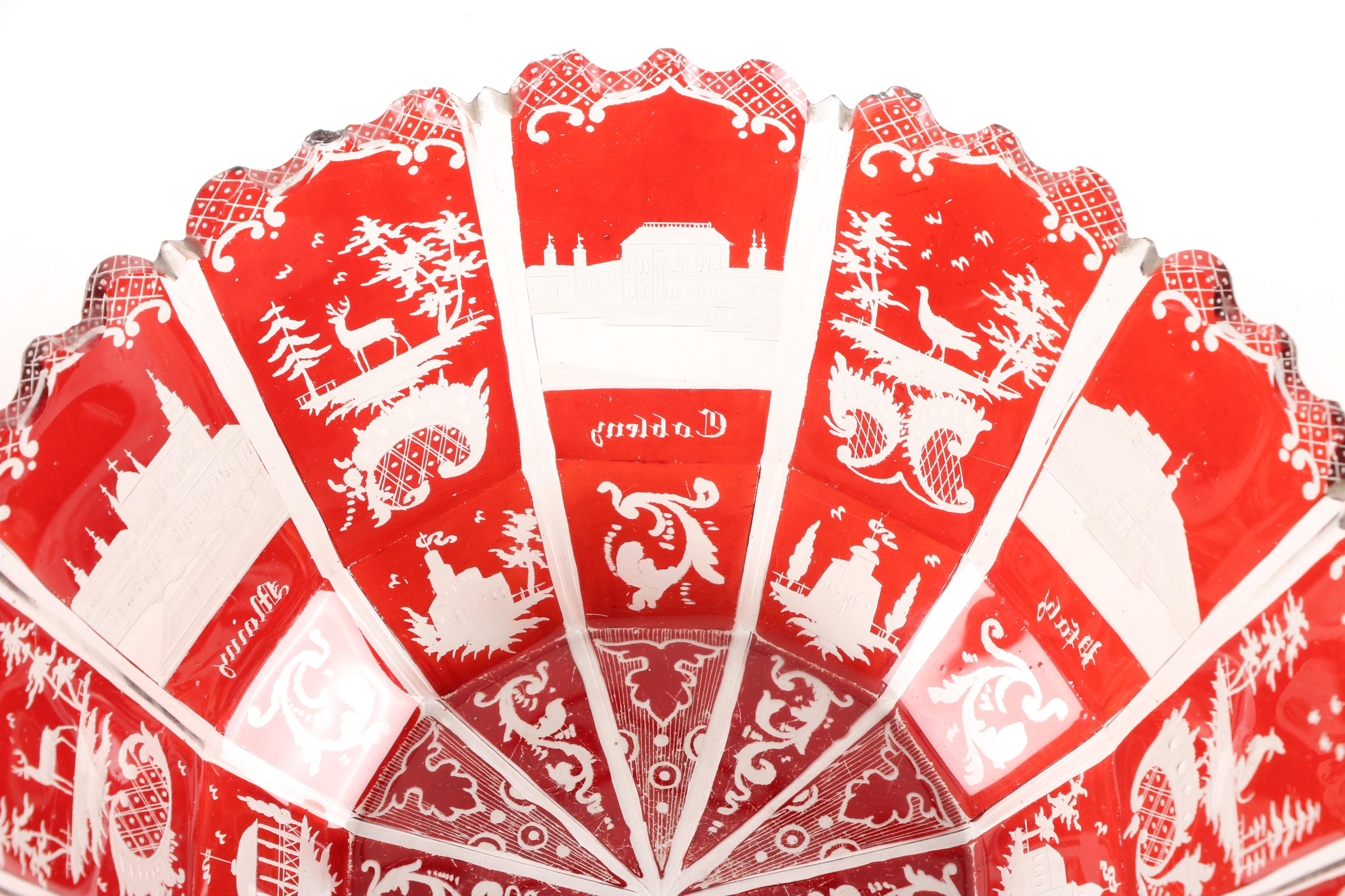 Bohemian Ruby Flashed Cut to Clear Glass Bowls with Brass Stands