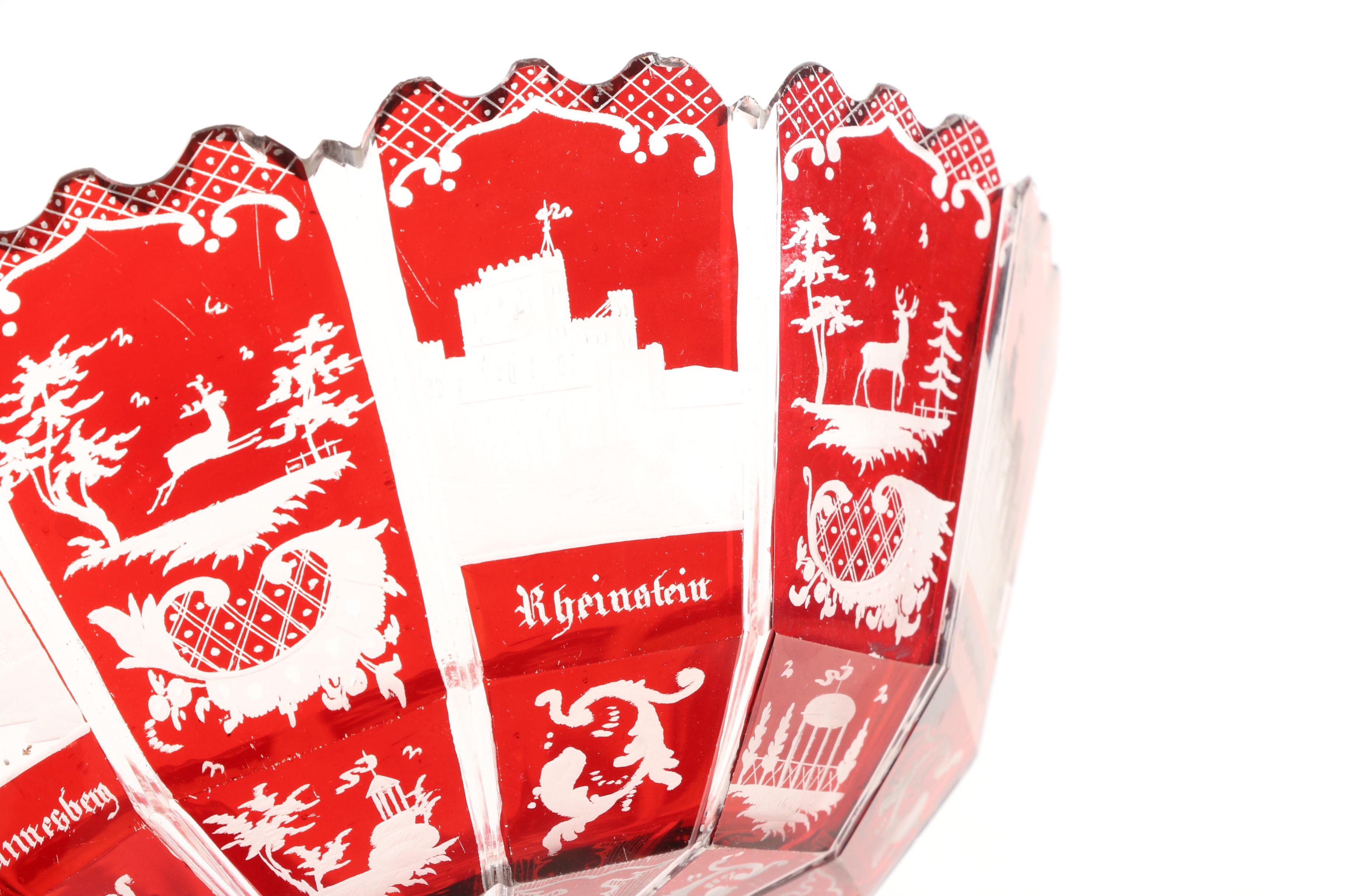 Bohemian Ruby Flashed Cut to Clear Glass Bowls with Brass Stands