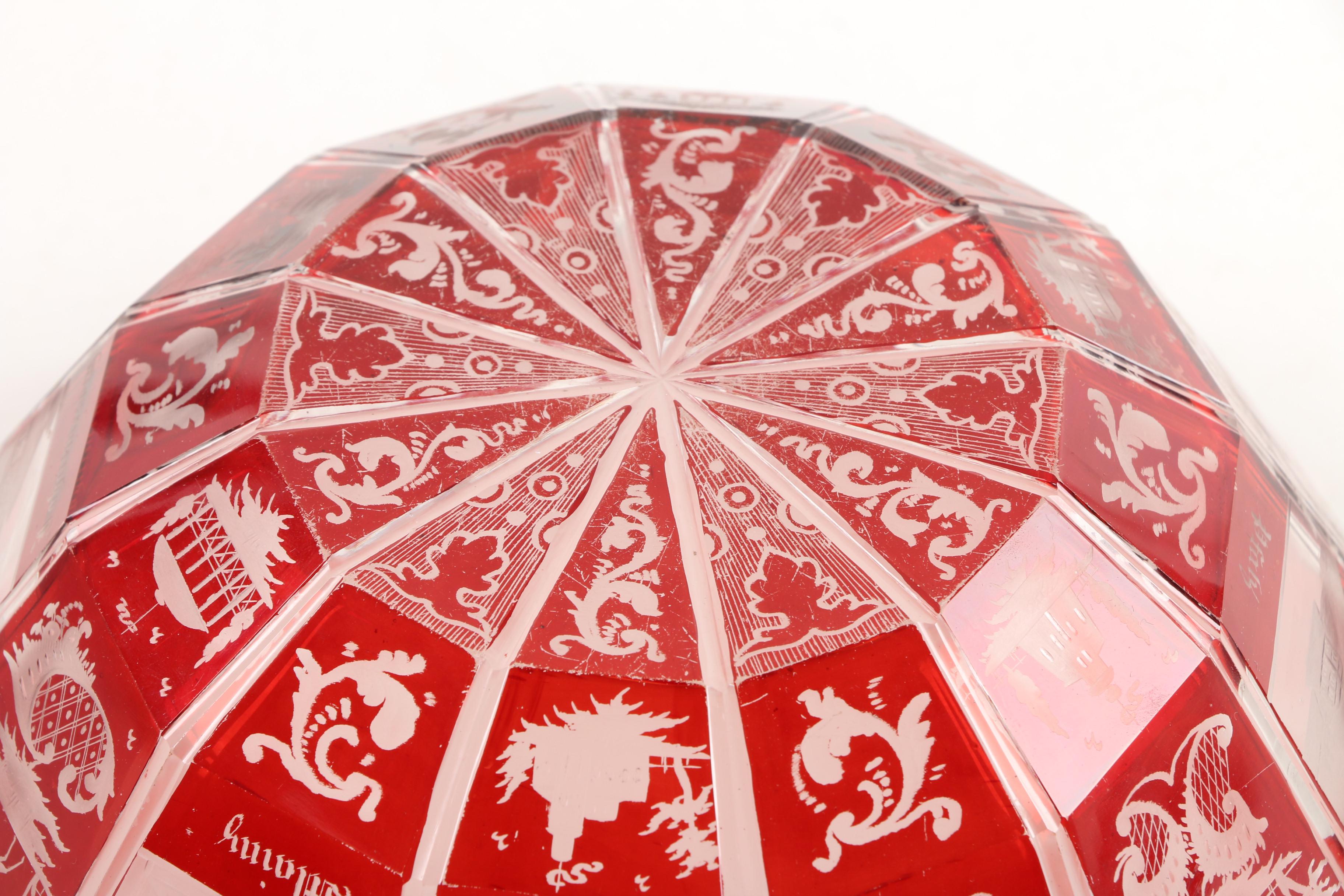 Bohemian Ruby Flashed Cut to Clear Glass Bowls with Brass Stands