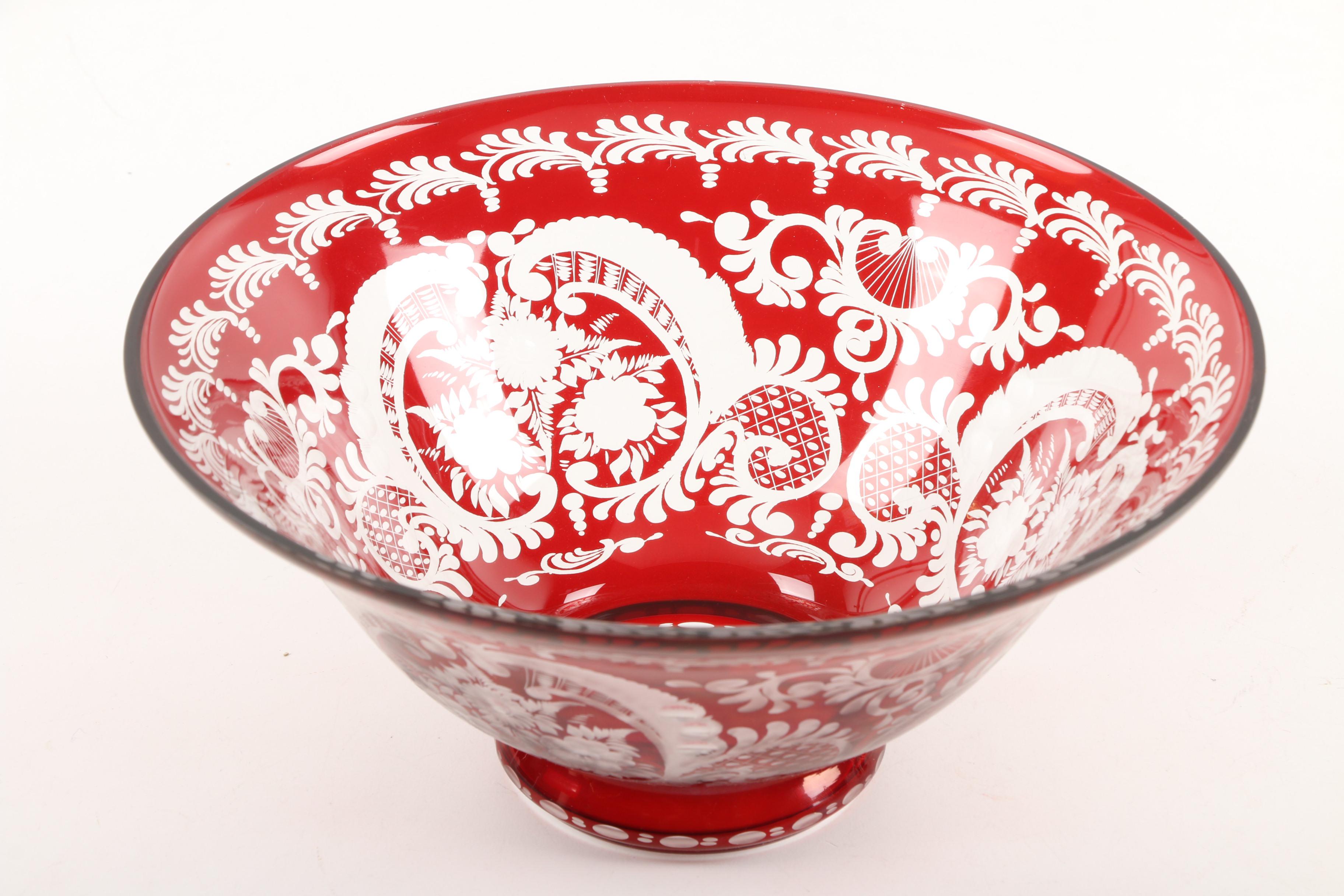 Bohemian Ruby Flashed Cut to Clear Glass Bowls with Brass Stands