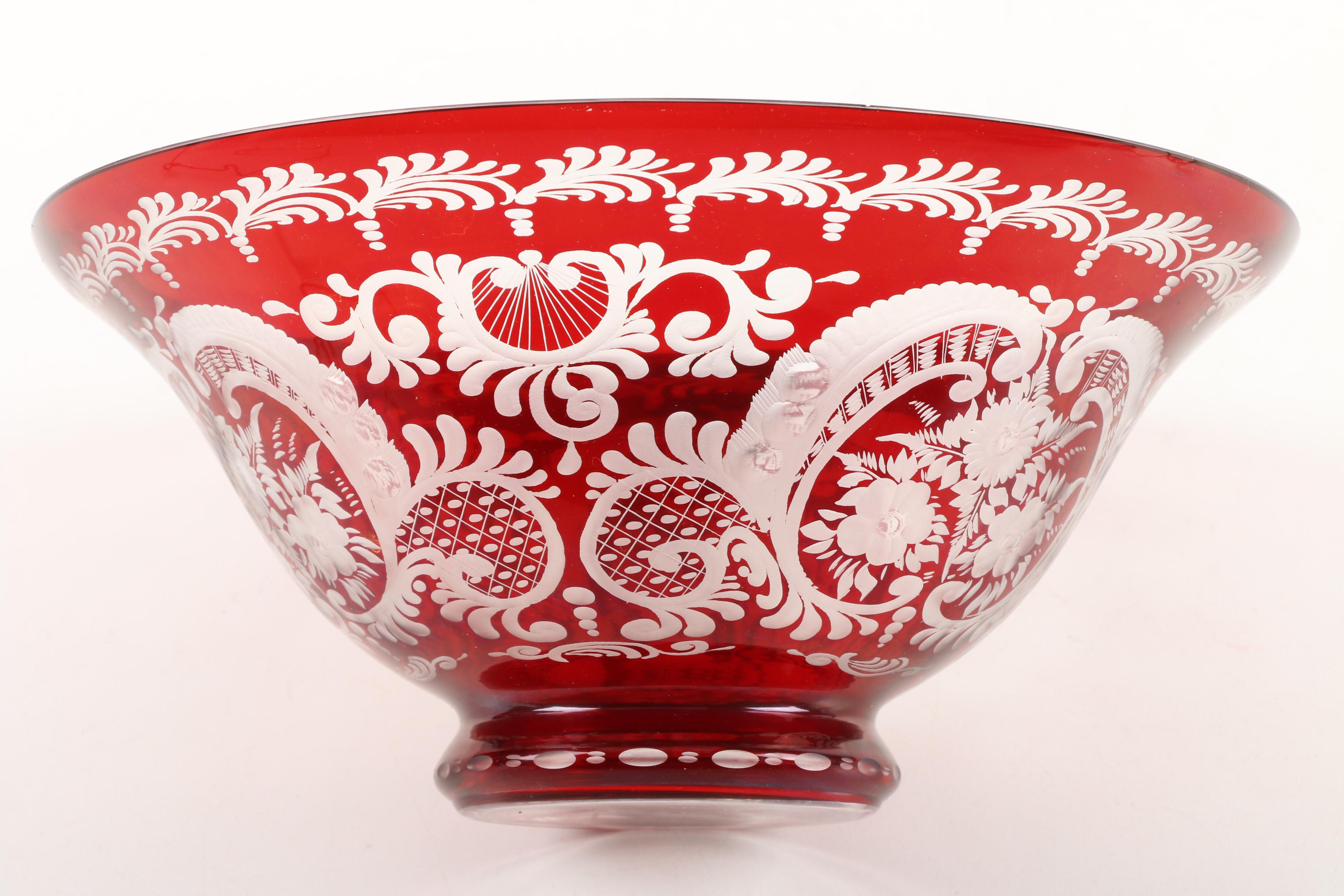 Bohemian Ruby Flashed Cut to Clear Glass Bowls with Brass Stands