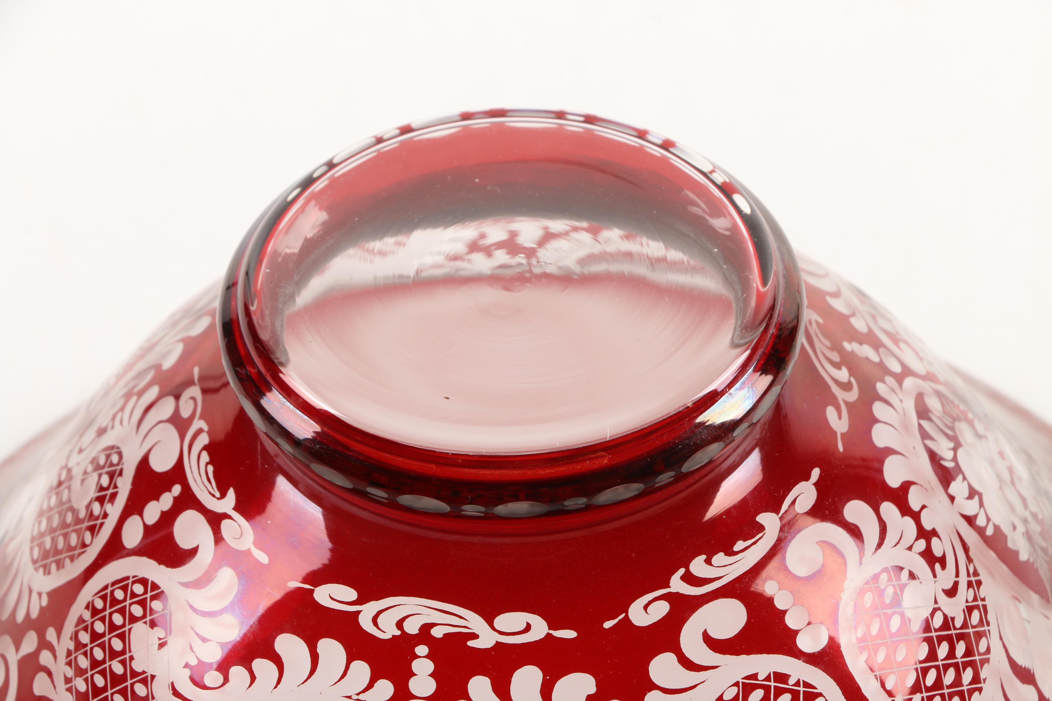 Bohemian Ruby Flashed Cut to Clear Glass Bowls with Brass Stands
