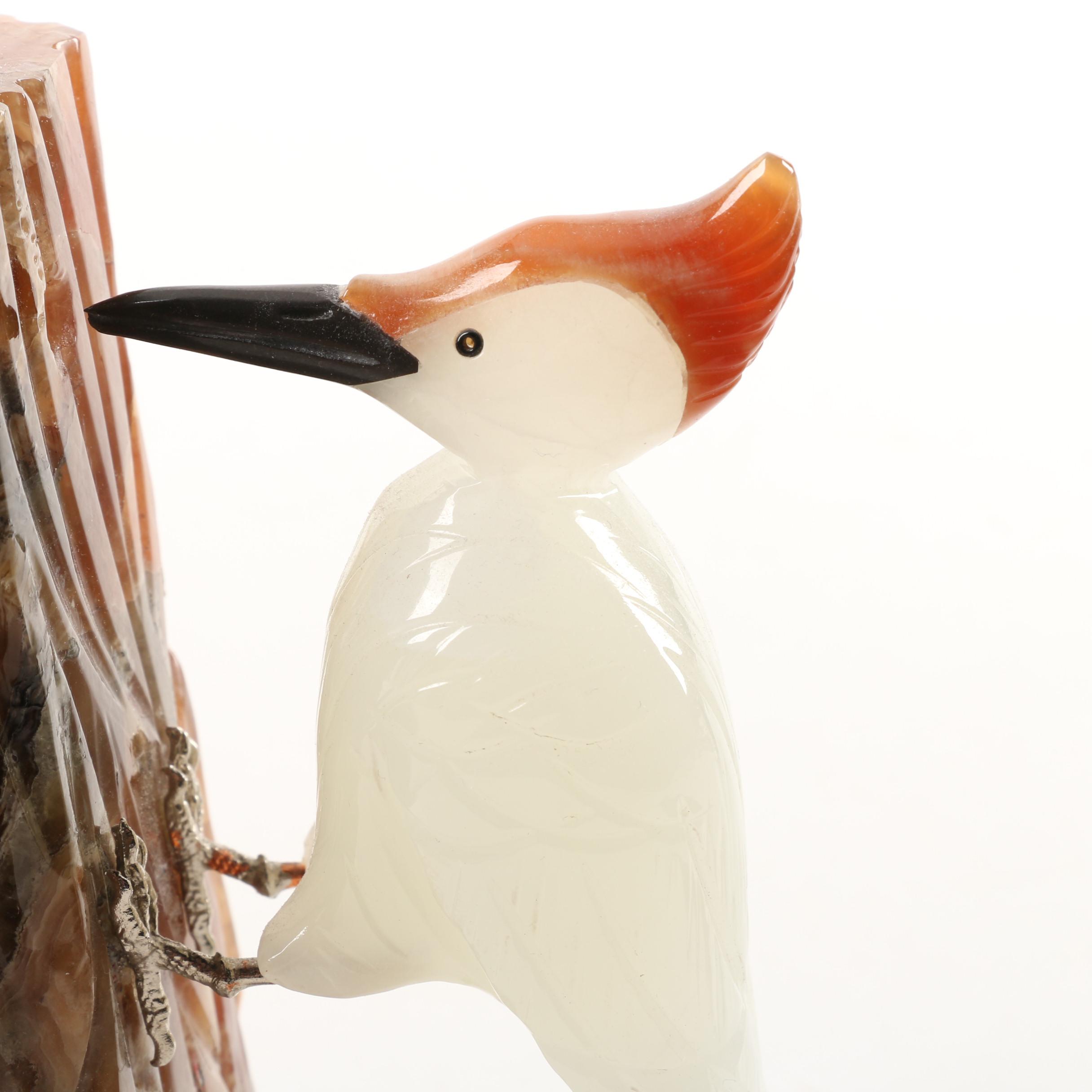 Woodpecker on Log Carved Calcite Figurine