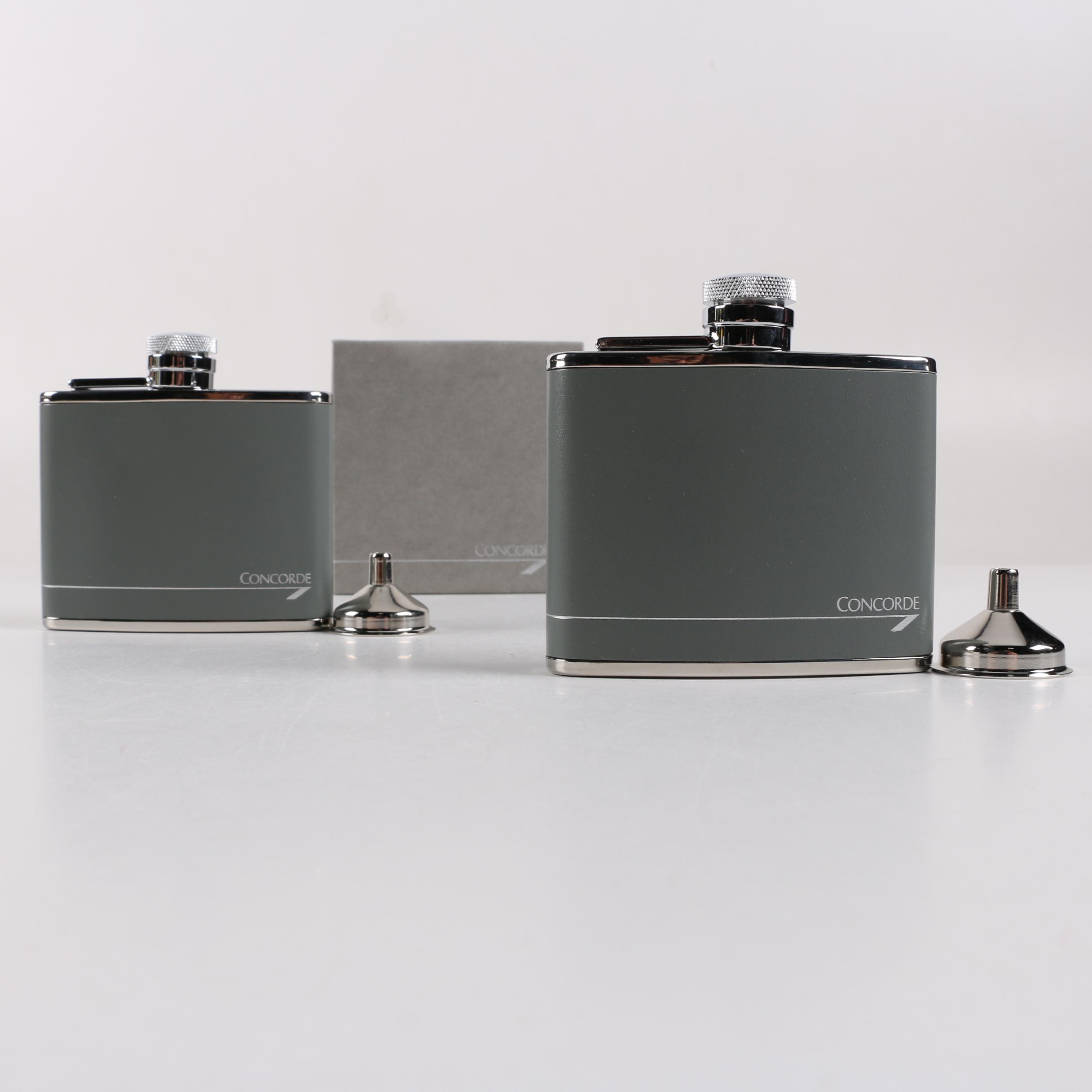 Vintage British Airways Concorde Stainless Steel and Leather Hip Flasks