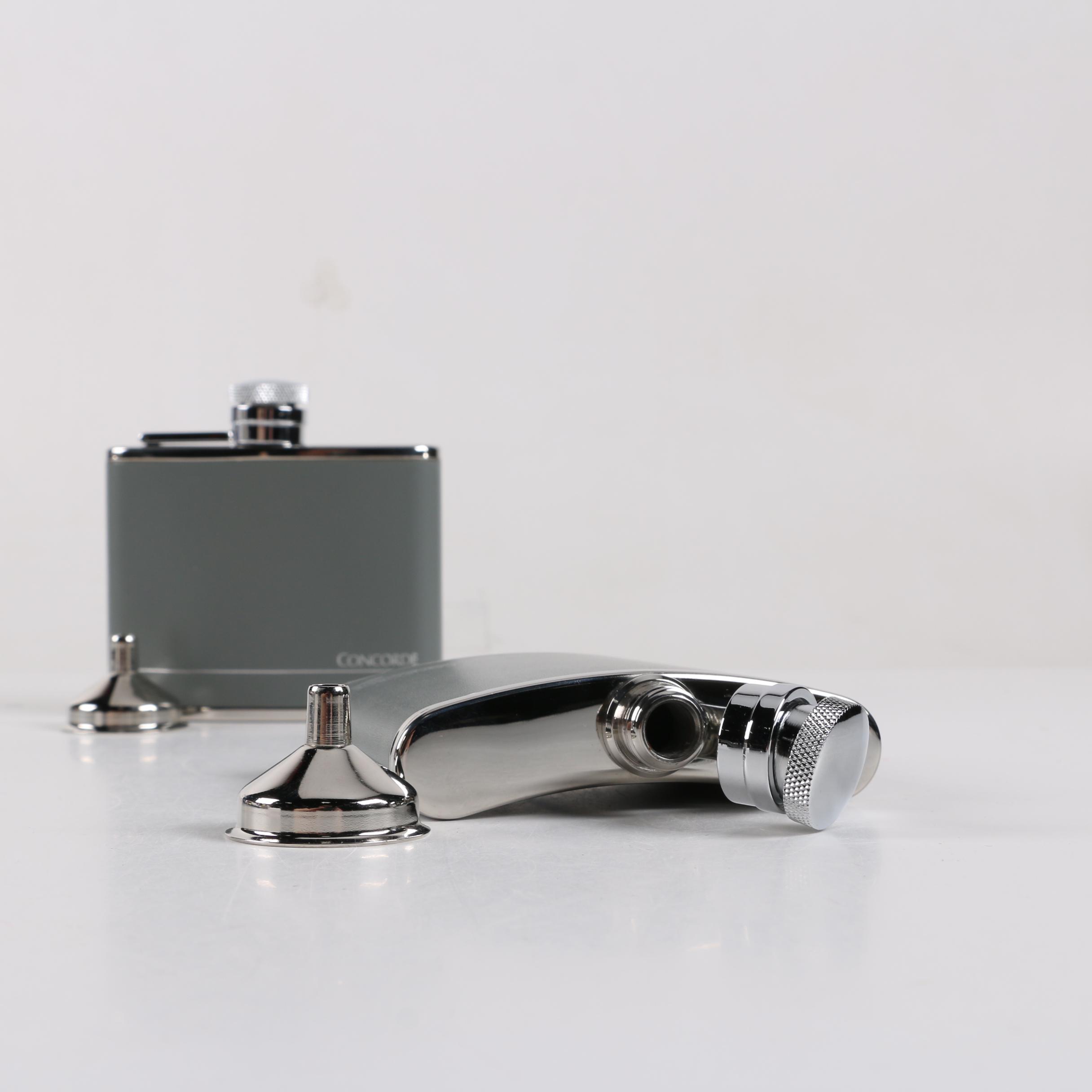 Vintage British Airways Concorde Stainless Steel and Leather Hip Flasks