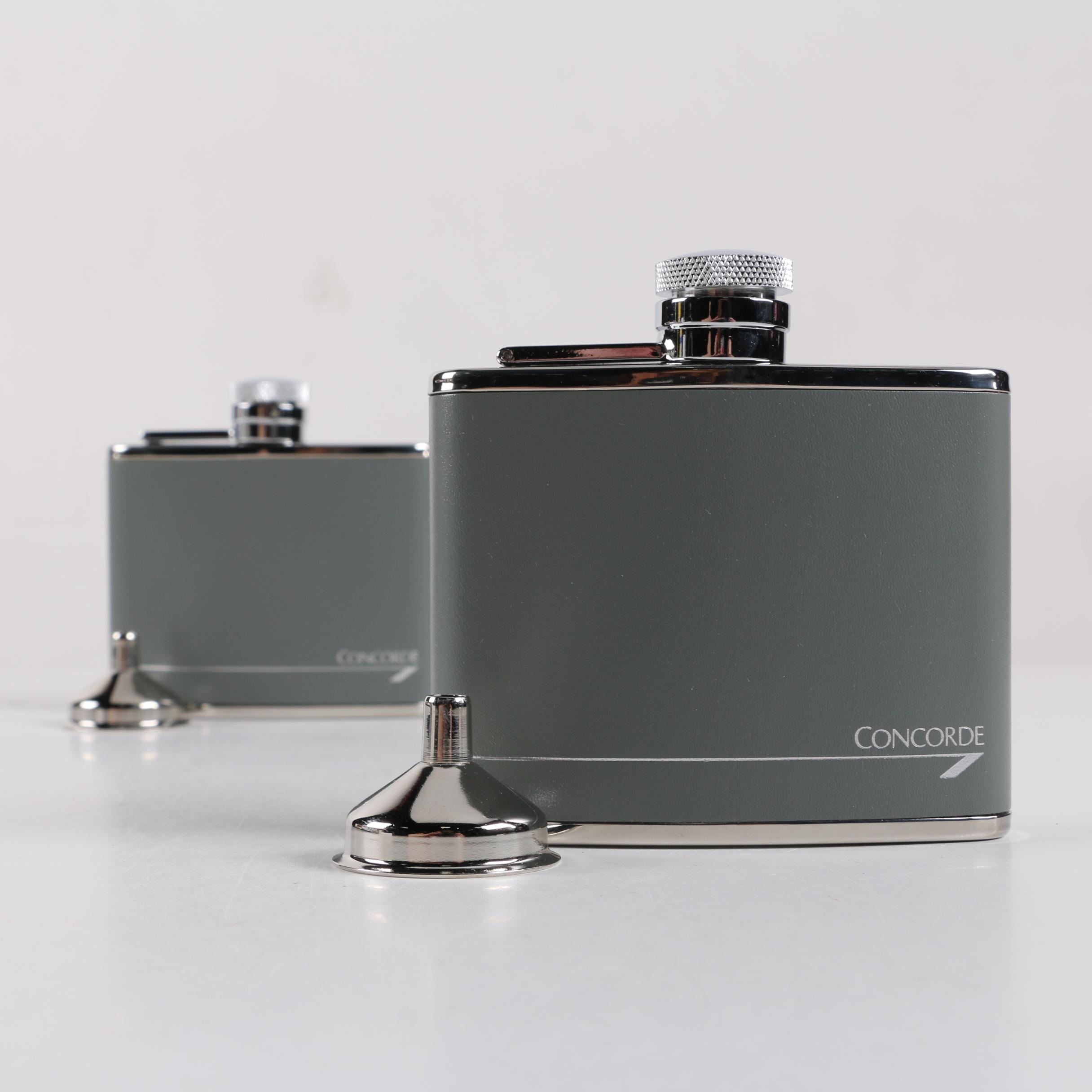 Vintage British Airways Concorde Stainless Steel and Leather Hip Flasks