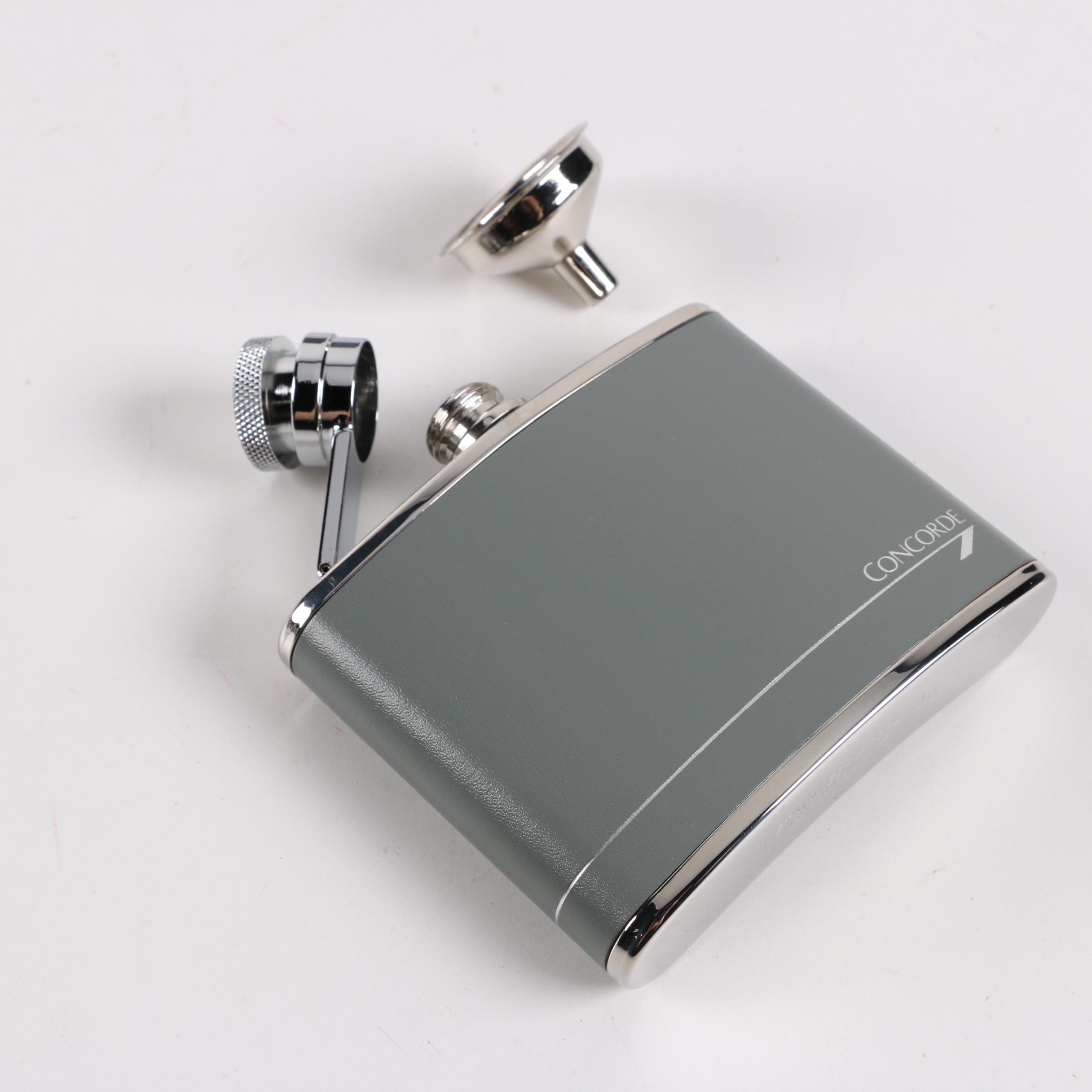 Vintage British Airways Concorde Stainless Steel and Leather Hip Flasks