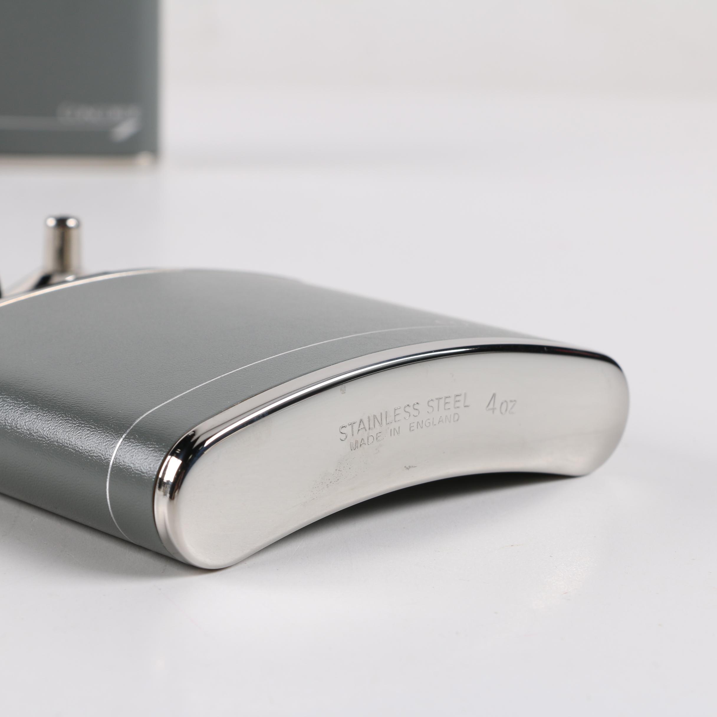 Vintage British Airways Concorde Stainless Steel and Leather Hip Flasks