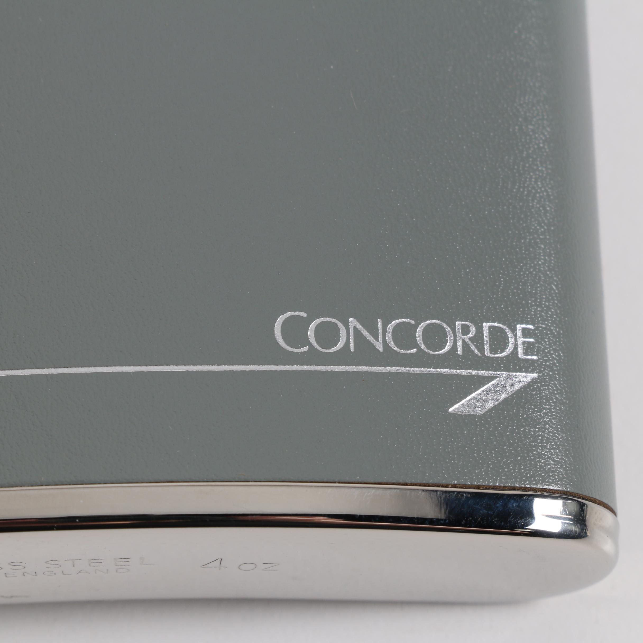 Vintage British Airways Concorde Stainless Steel and Leather Hip Flasks